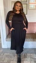 CurveWow Long Sleeve Jersey Pocket Midi Dress Black