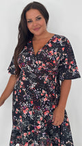 CurveWow Wrap Angel Sleeve Trapeze Midi Dress Floral Spot