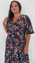 CurveWow Wrap Angel Sleeve Trapeze Midi Dress Floral Spot
