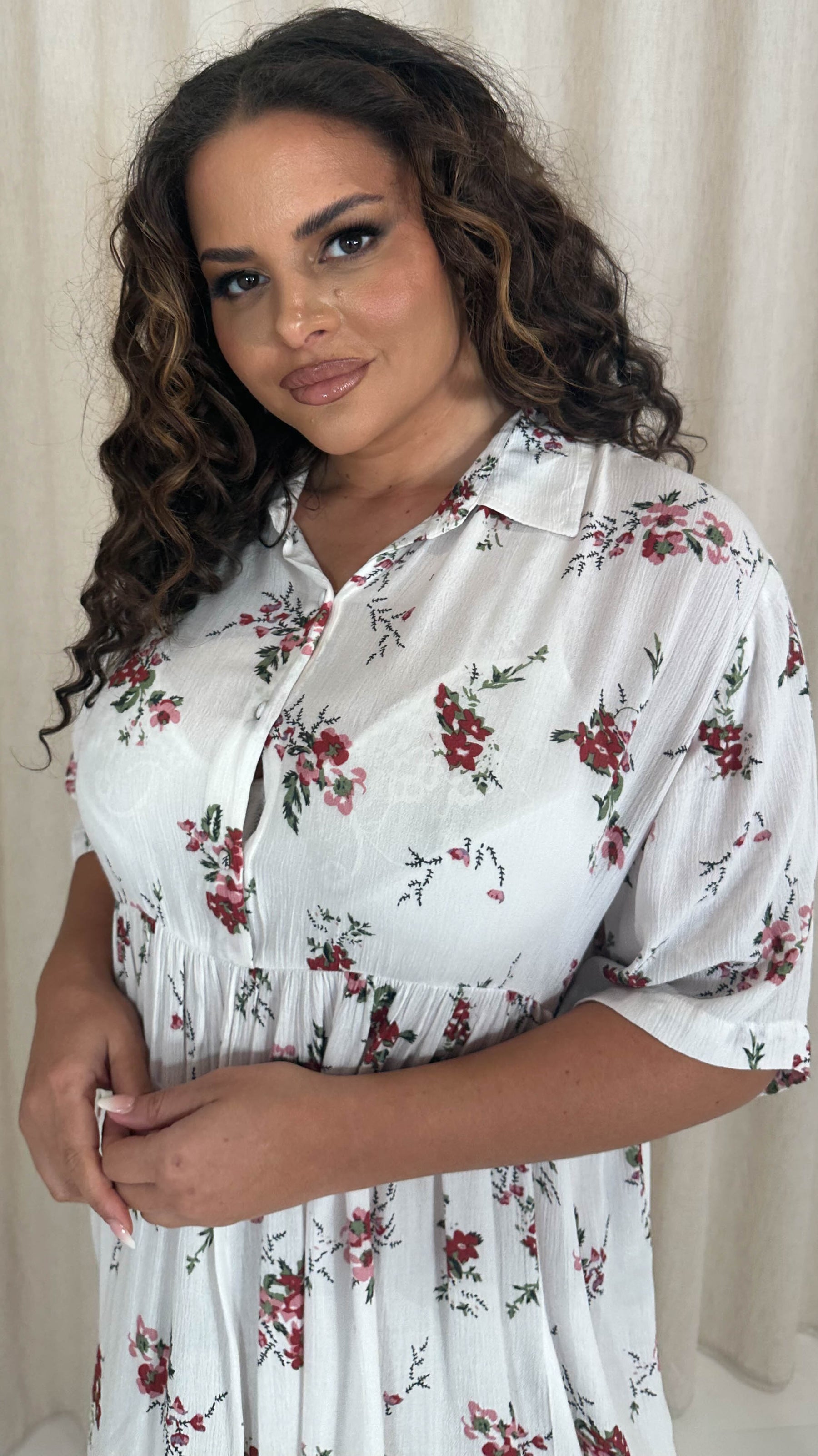 CurveWow Printed Drop Waist Shirt Dress White Curvewow CurveWow Printed Drop Waist Shirt Dress White Curvewow