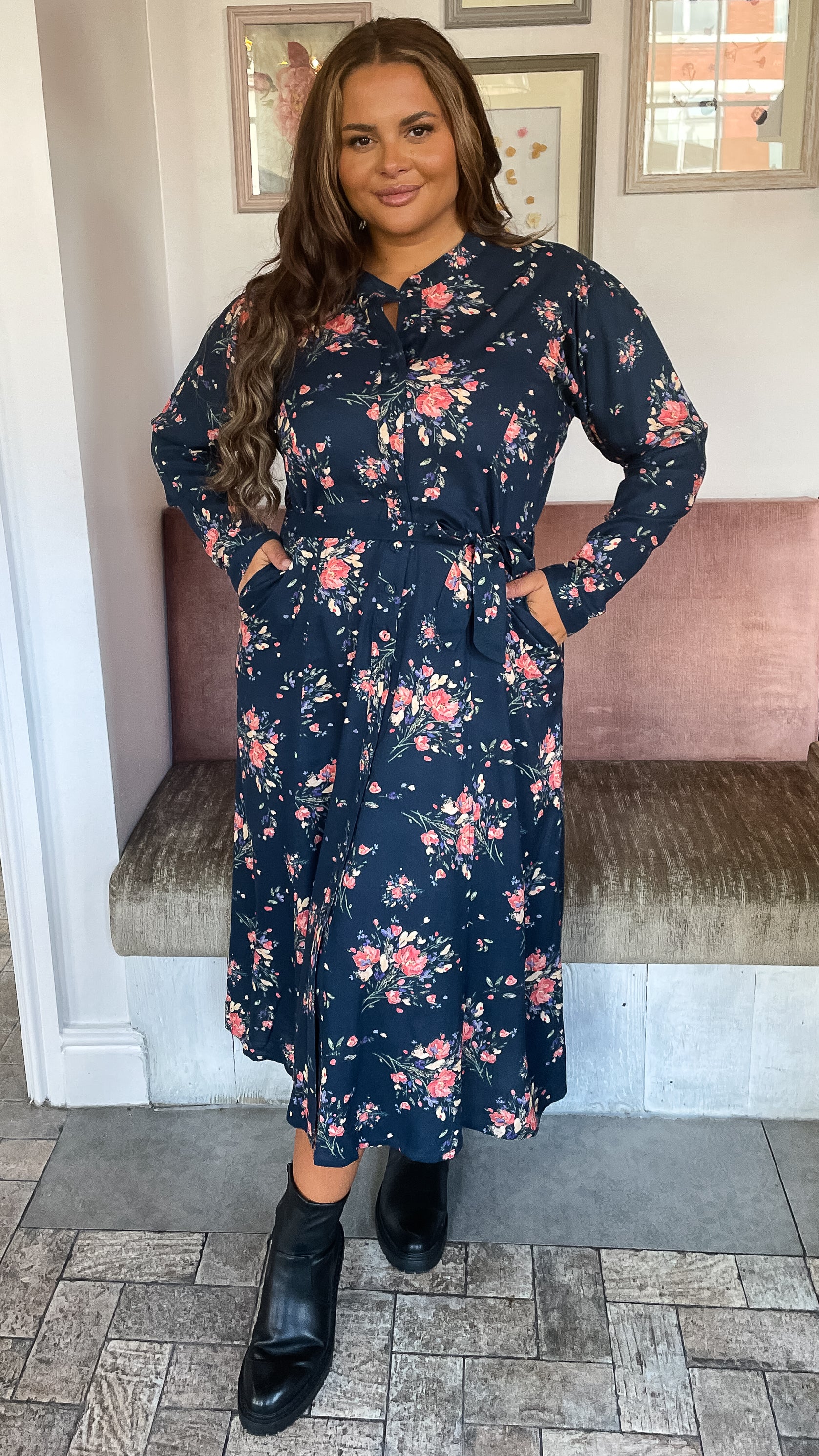 CurveWow Belted Shirt Dress Floral Navy