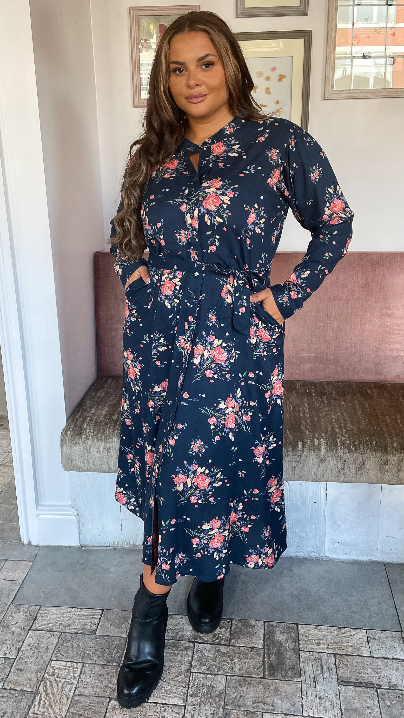 CurveWow Belted Shirt Dress Floral Navy