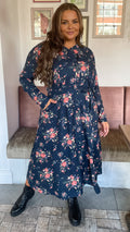 CurveWow Belted Shirt Dress Floral Navy