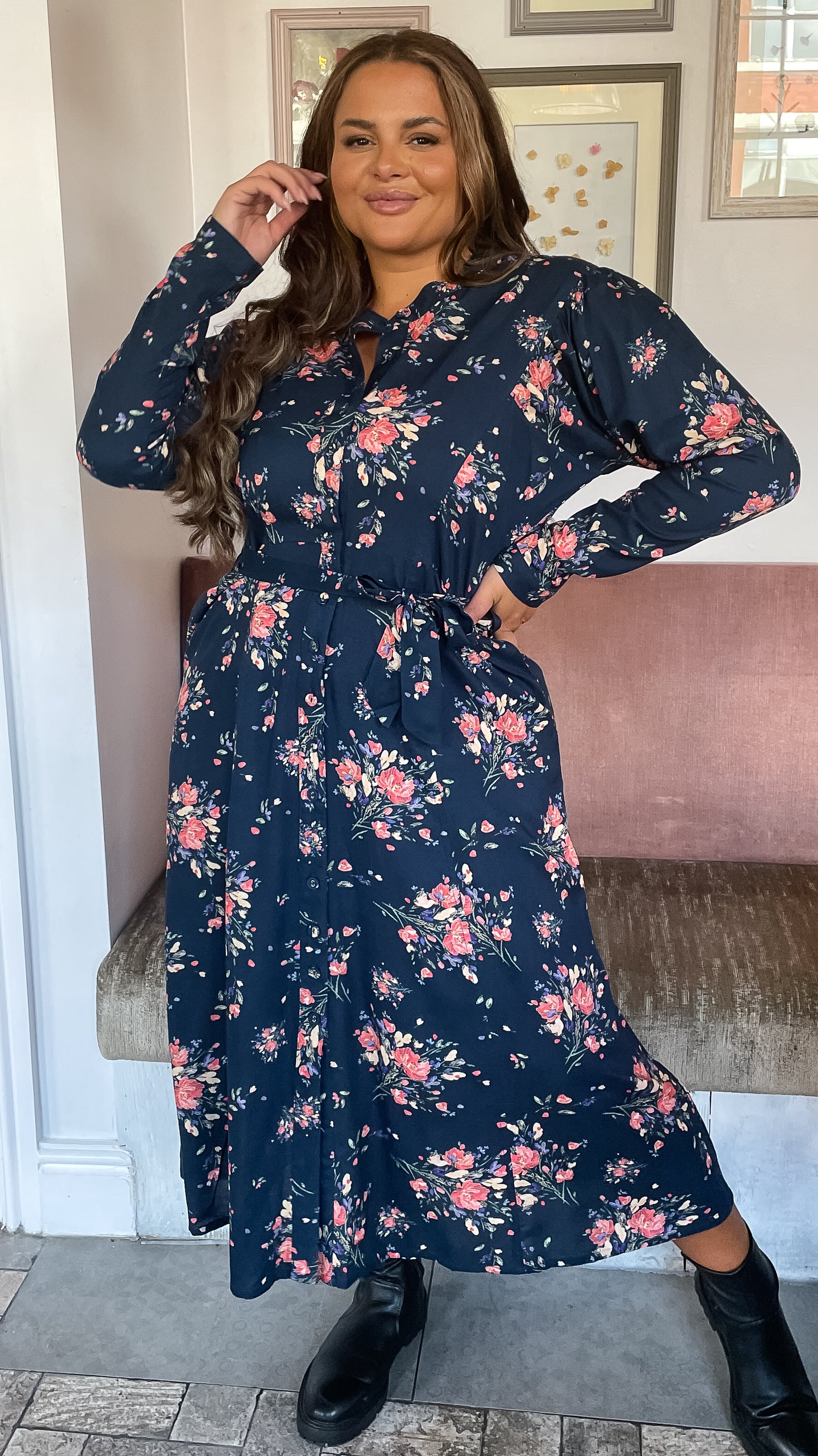 CurveWow Belted Shirt Dress Floral Navy