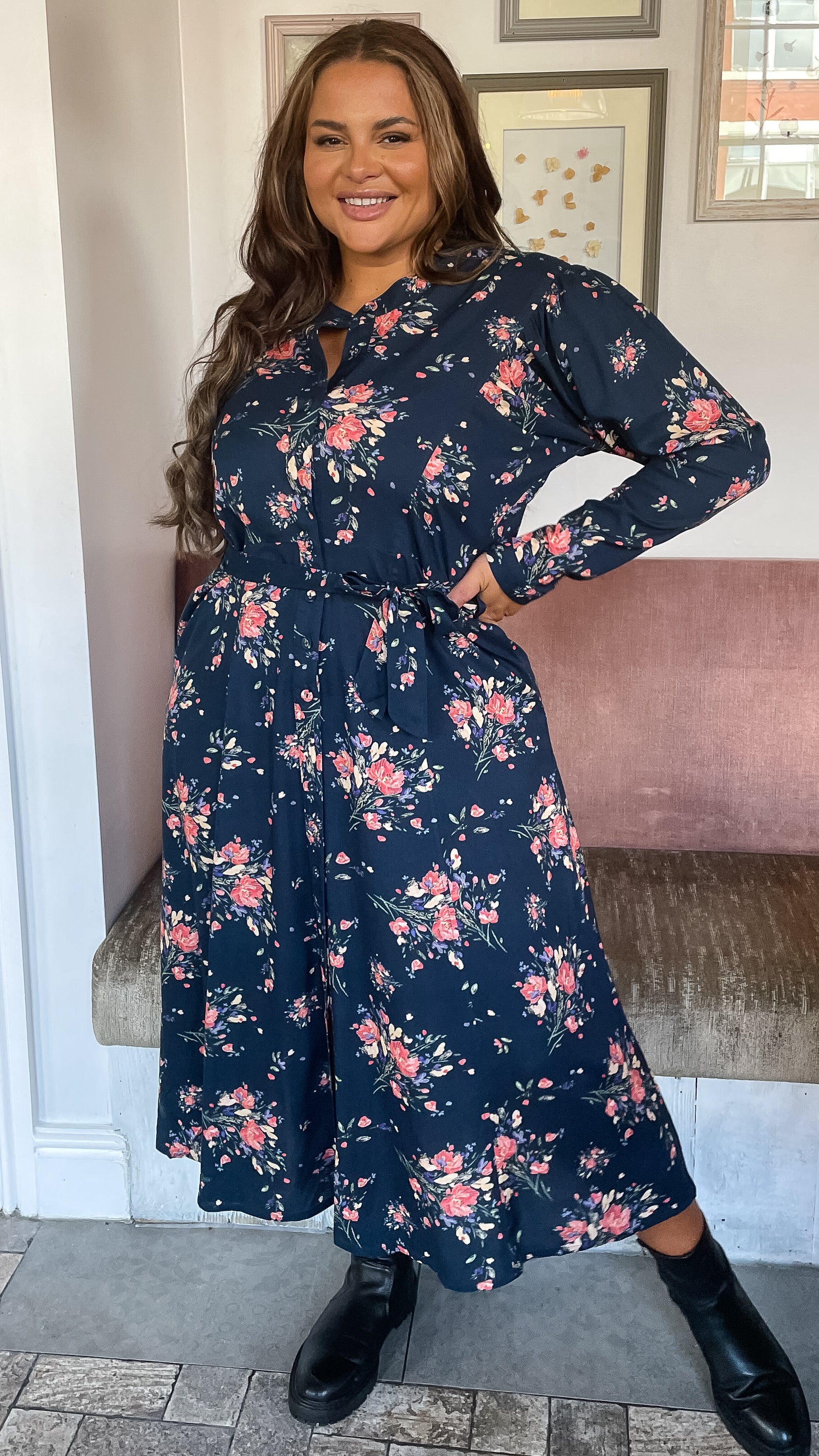 CurveWow Belted Shirt Dress Floral Navy