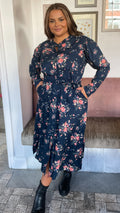 CurveWow Belted Shirt Dress Floral Navy