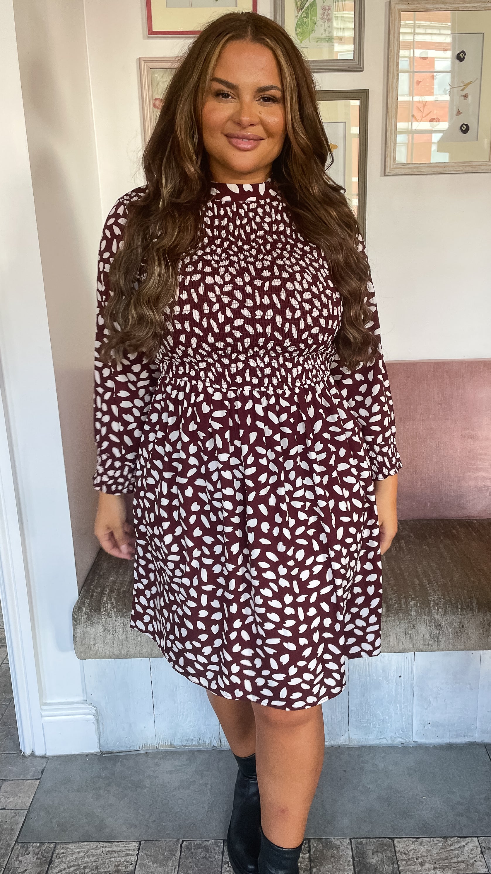 CurveWow Shirred Skater Dress Berry Print