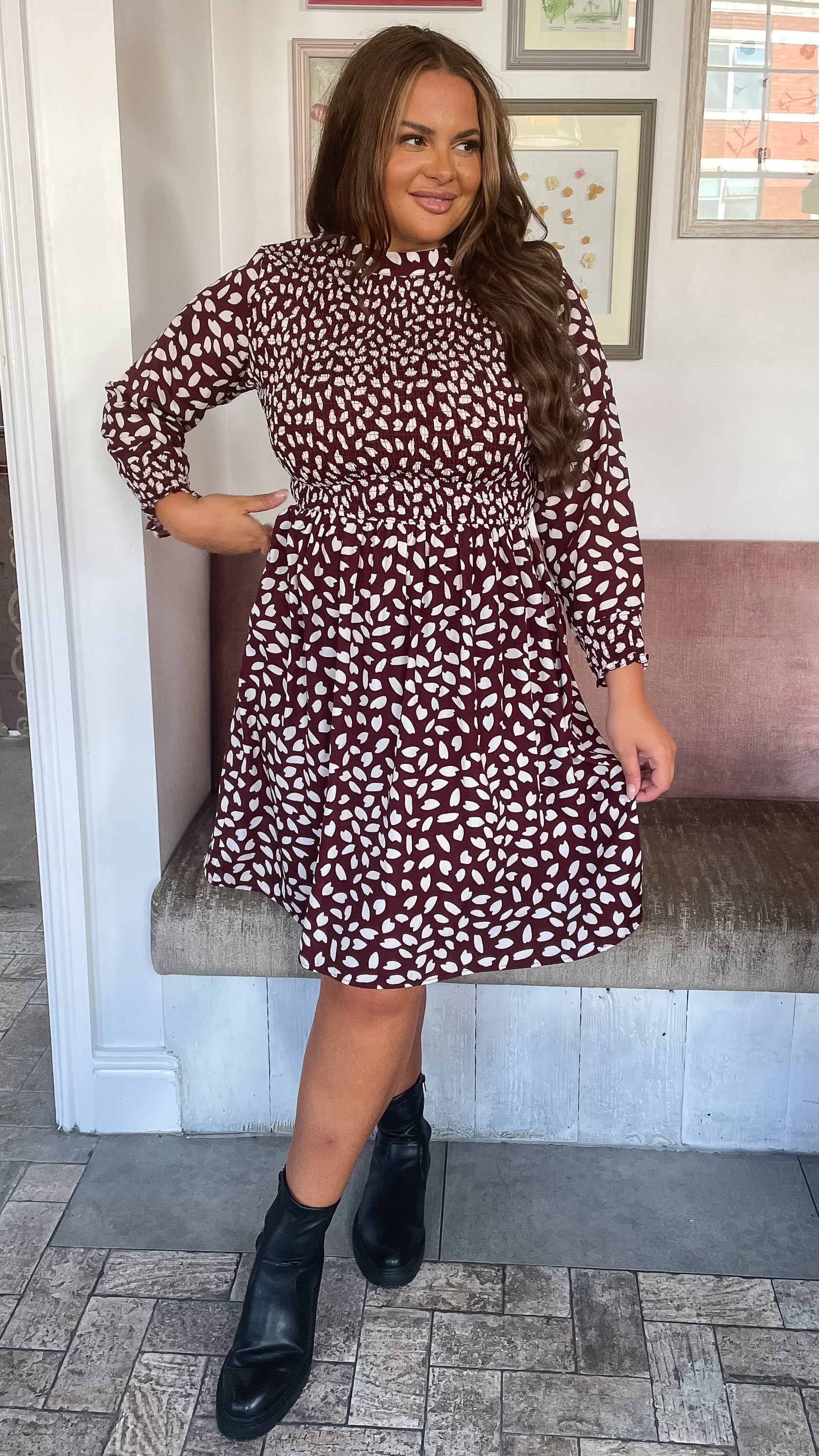 CurveWow Shirred Skater Dress Berry Print