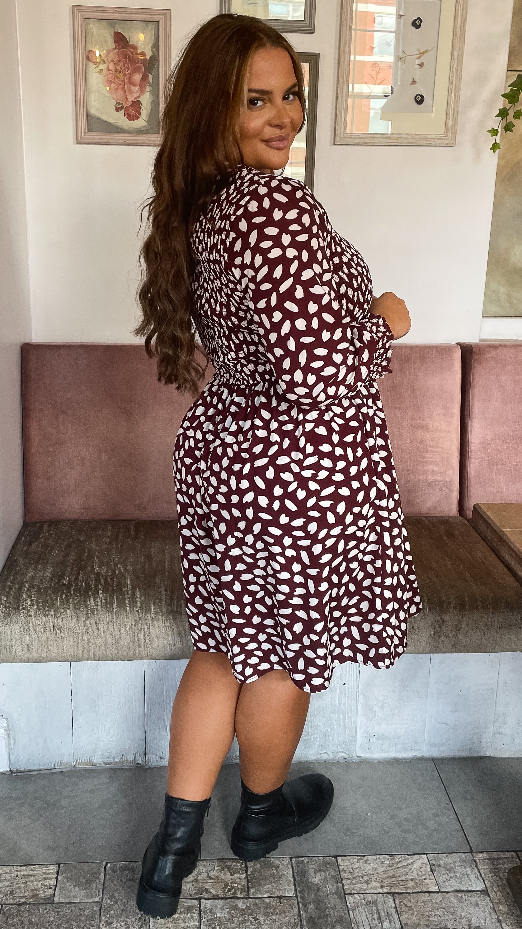 CurveWow Shirred Skater Dress Berry Print