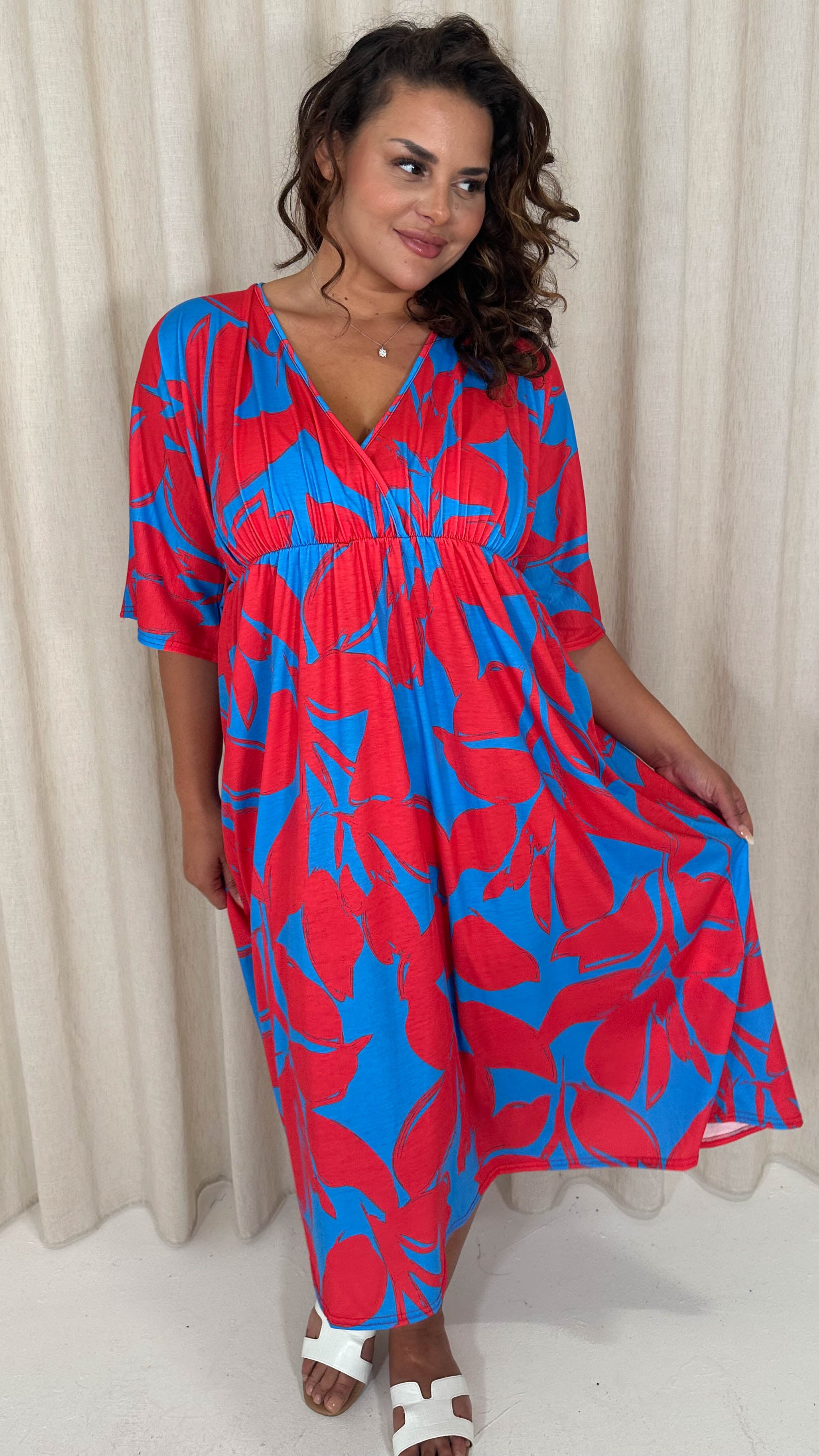 CurveWow Tie Back Kimono Sleeve Midi Dress Red/Blue Curvewow CurveWow Tie Back Kimono Sleeve Midi Dress Red/Blue Curvewow