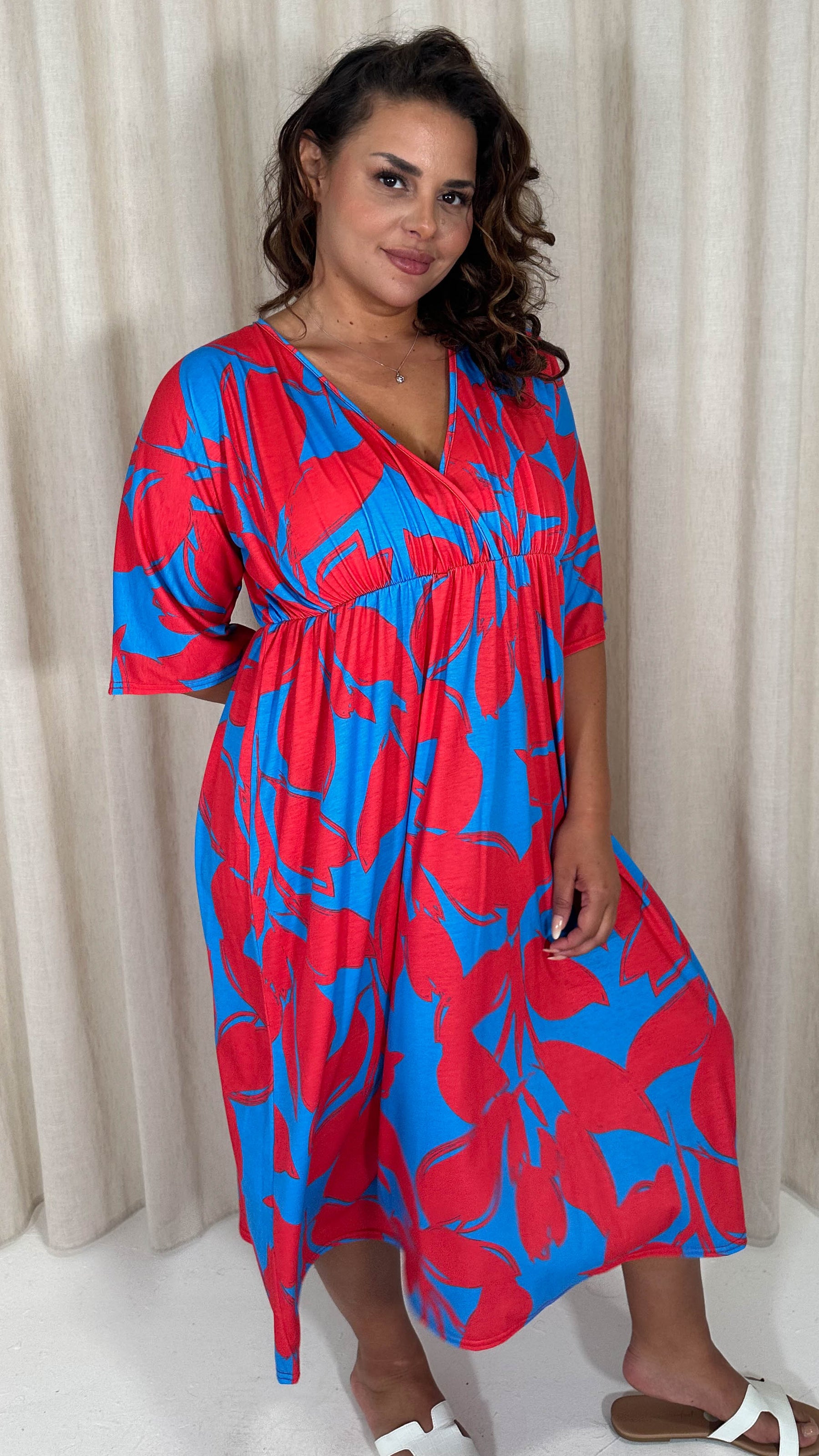 CurveWow Tie Back Kimono Sleeve Midi Dress Red/Blue Curvewow CurveWow Tie Back Kimono Sleeve Midi Dress Red/Blue Curvewow