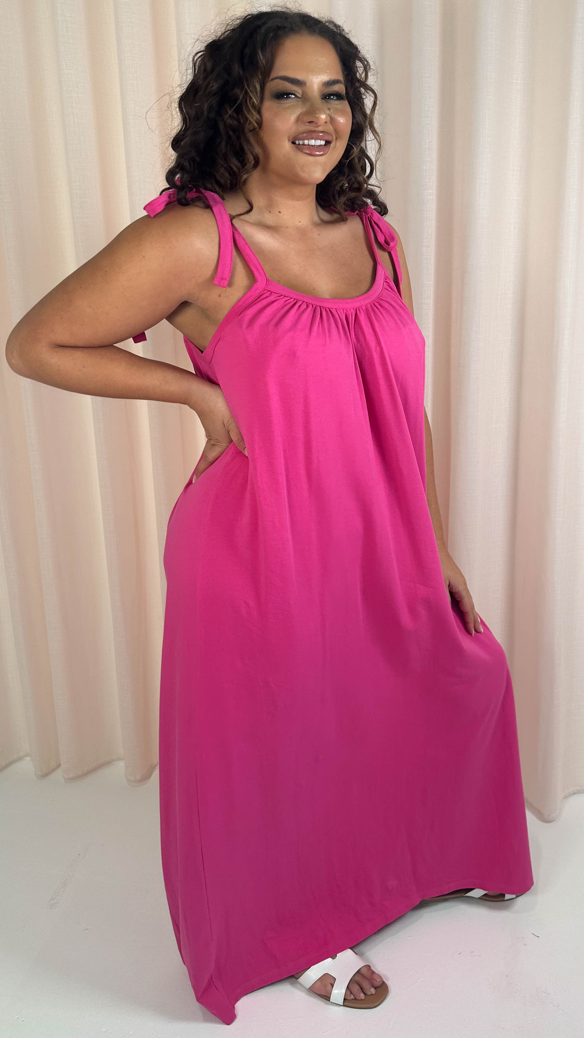 CurveWow Tie Strap Maxi Dress Fuchsia