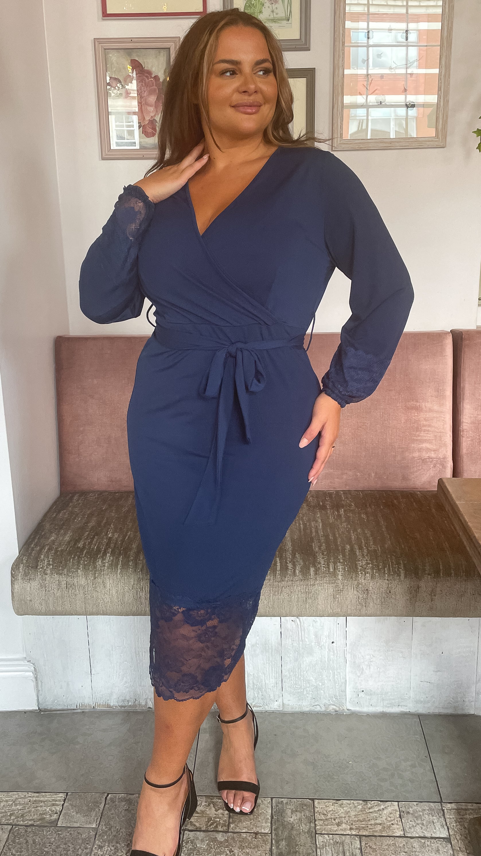 CurveWow Lace Trim Wrap Dress Navy – Curvewow