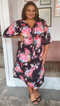 CurveWow Floral Fluted Sleeve Knot Dress Black