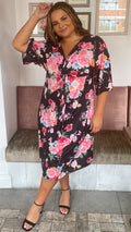 CurveWow Floral Fluted Sleeve Knot Dress Black