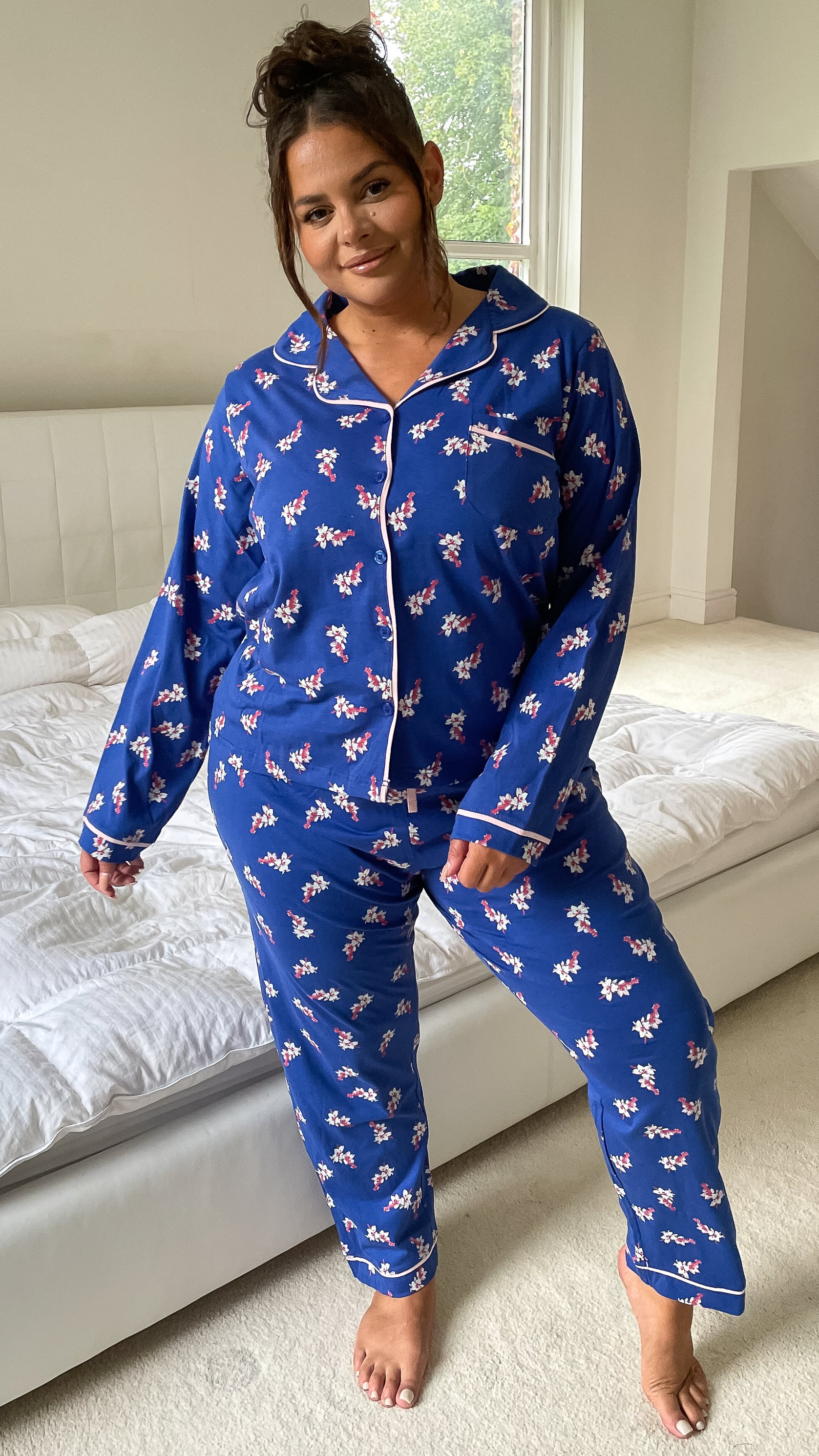 CurveWow Long Sleeve PJ Set Navy With Pink Floral