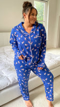 CurveWow Long Sleeve PJ Set Navy With Pink Floral