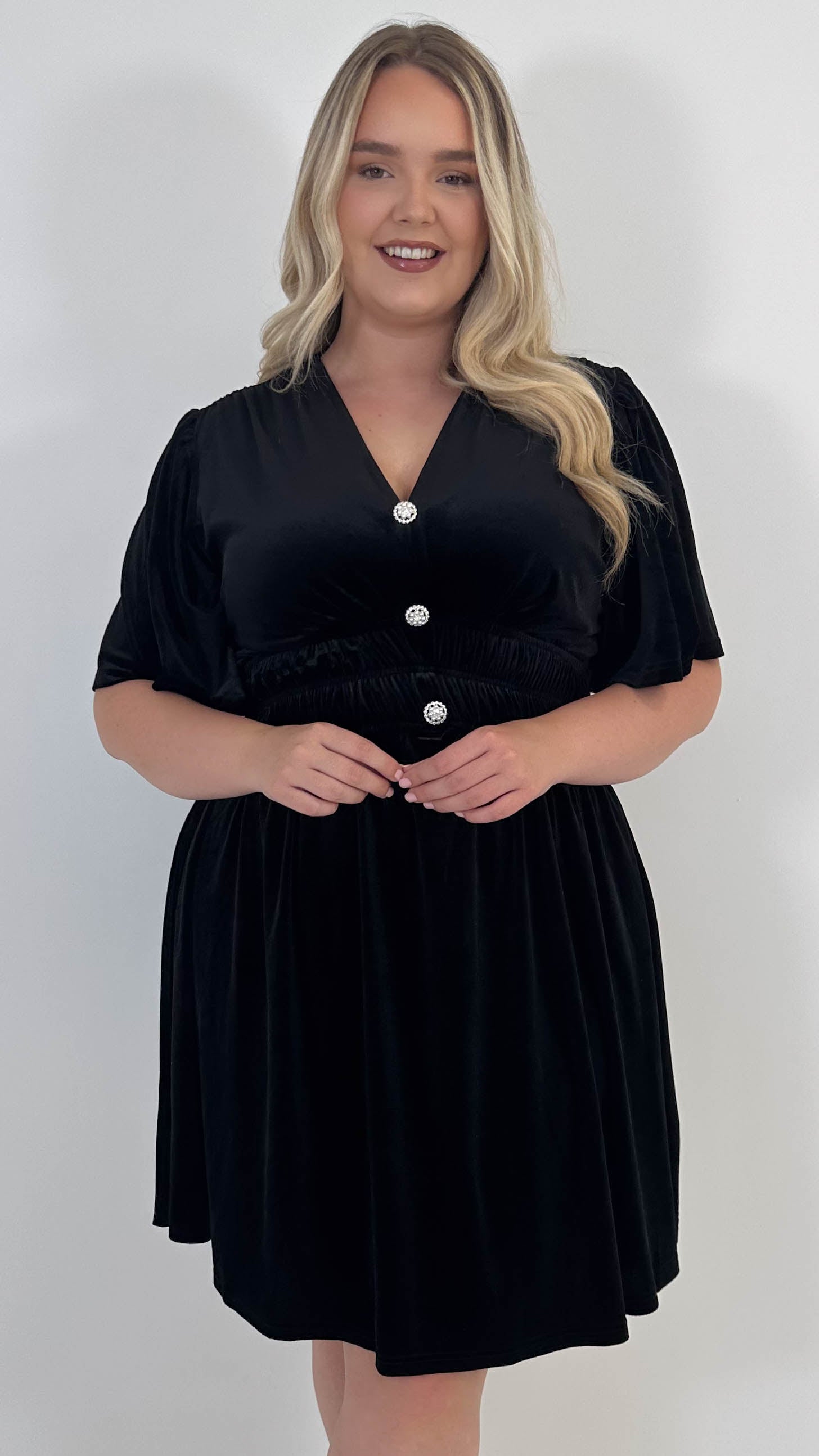 CurveWow Velvet Diamante Button Front Mini Dress Black