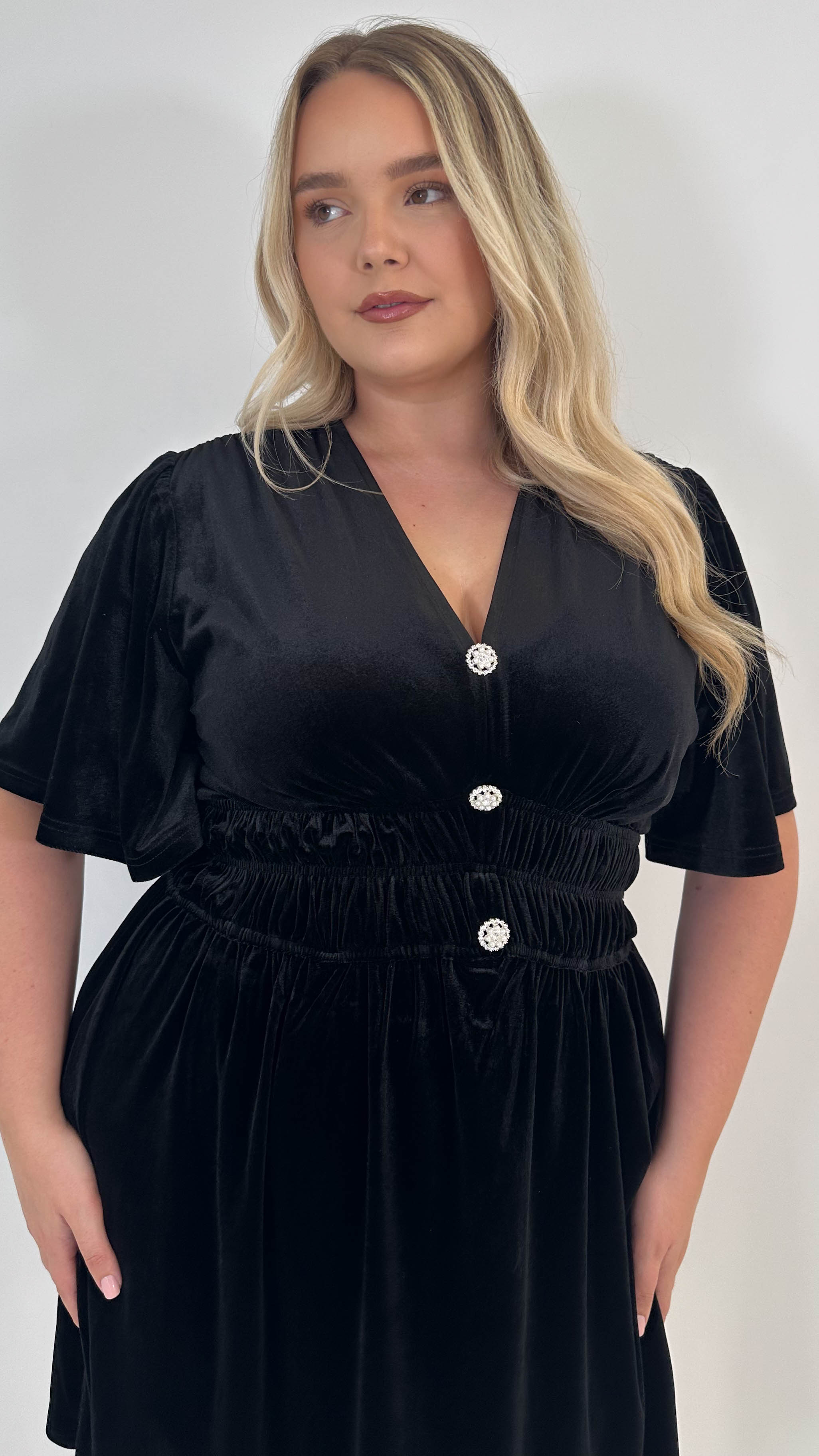 CurveWow Velvet Diamante Button Front Mini Dress Black