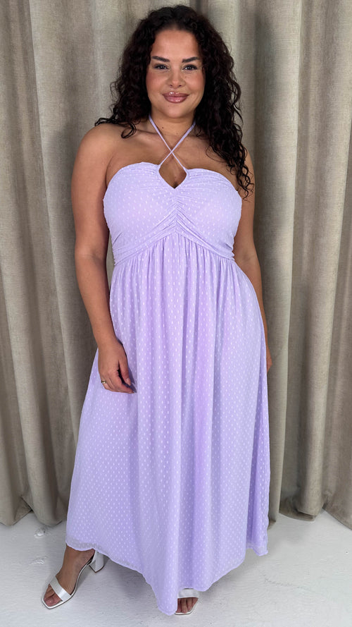CurveWow Maxi Halter Neck Shirred Back Dress Pastel Lilac