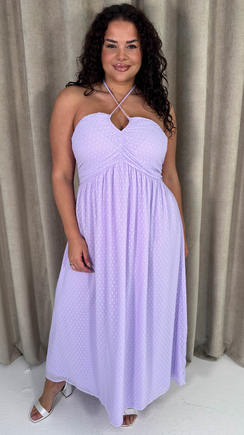 CurveWow Maxi Halter Neck Shirred Back Dress Pastel Lilac