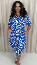 CurveWow Printed Tie Waist Midi Shirt Dress Blue Floral