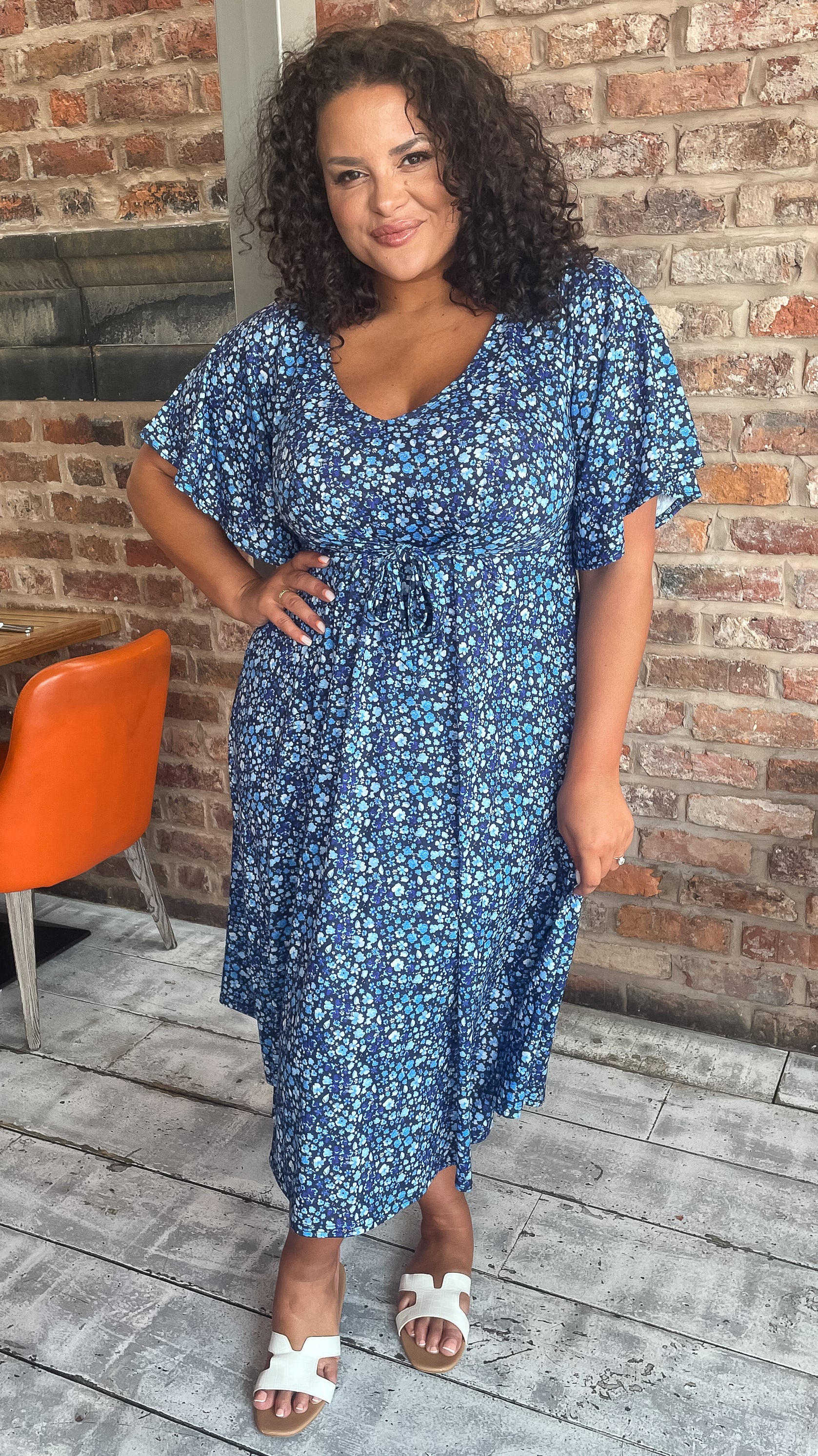 CurveWow Tie Waist Dress Navy Blue Floral