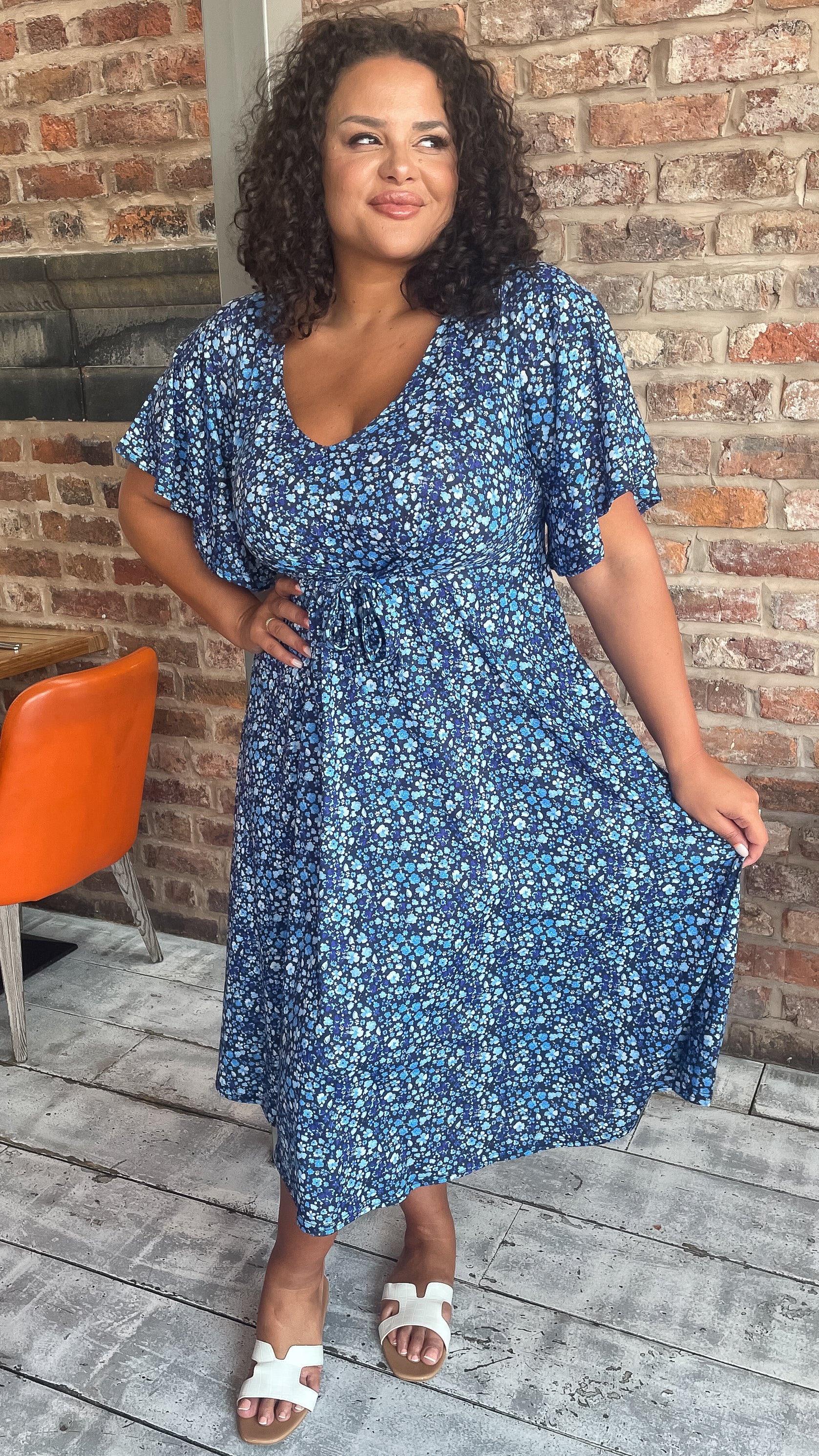 CurveWow Tie Waist Dress Navy Blue Floral