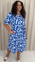 CurveWow Printed Tie Waist Midi Shirt Dress Blue Floral