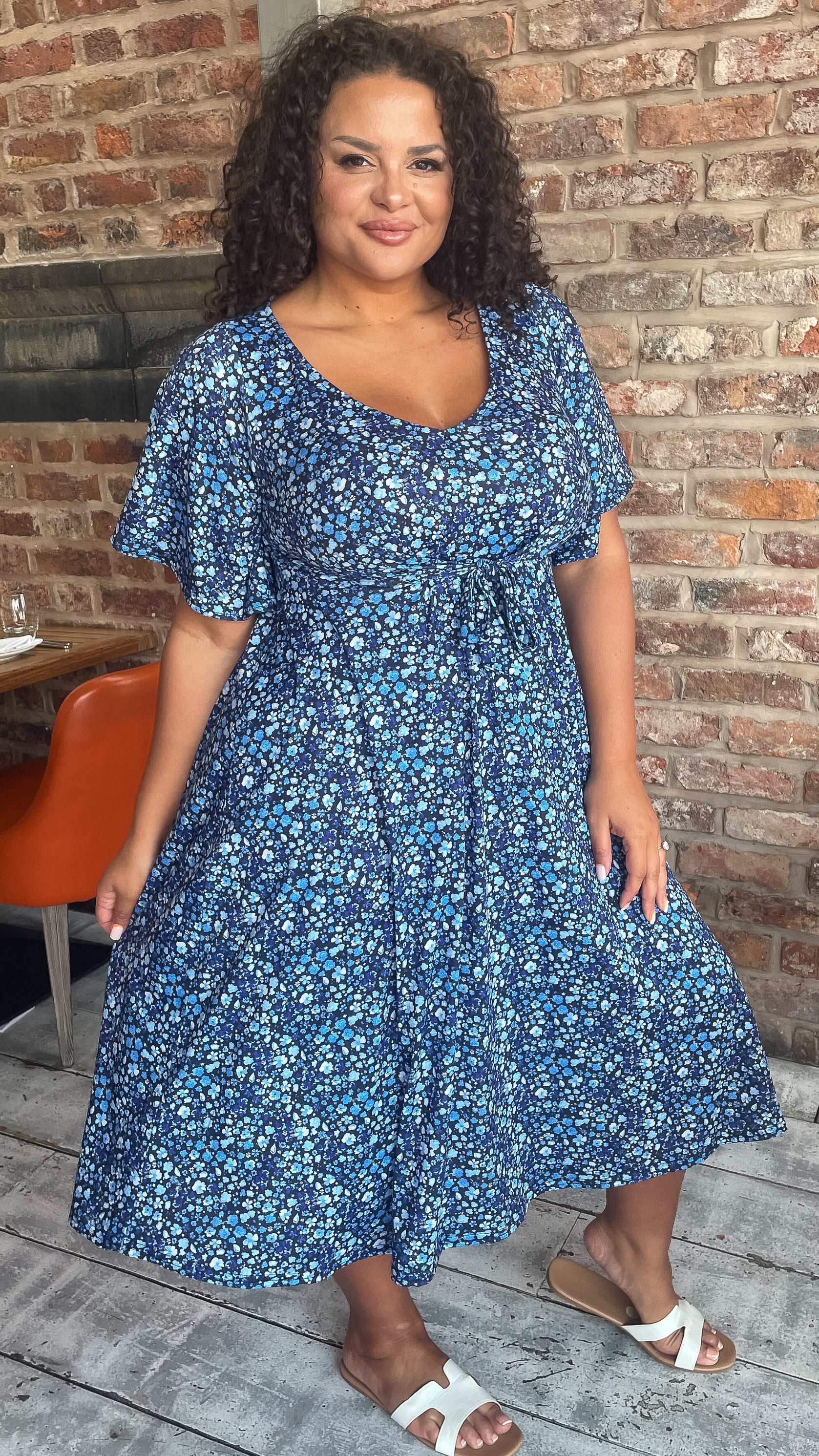 CurveWow Tie Waist Dress Navy Blue Floral