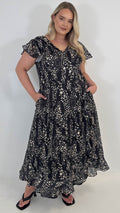 CurveWow Printed Flutter Sleeve Midaxi Dress Black