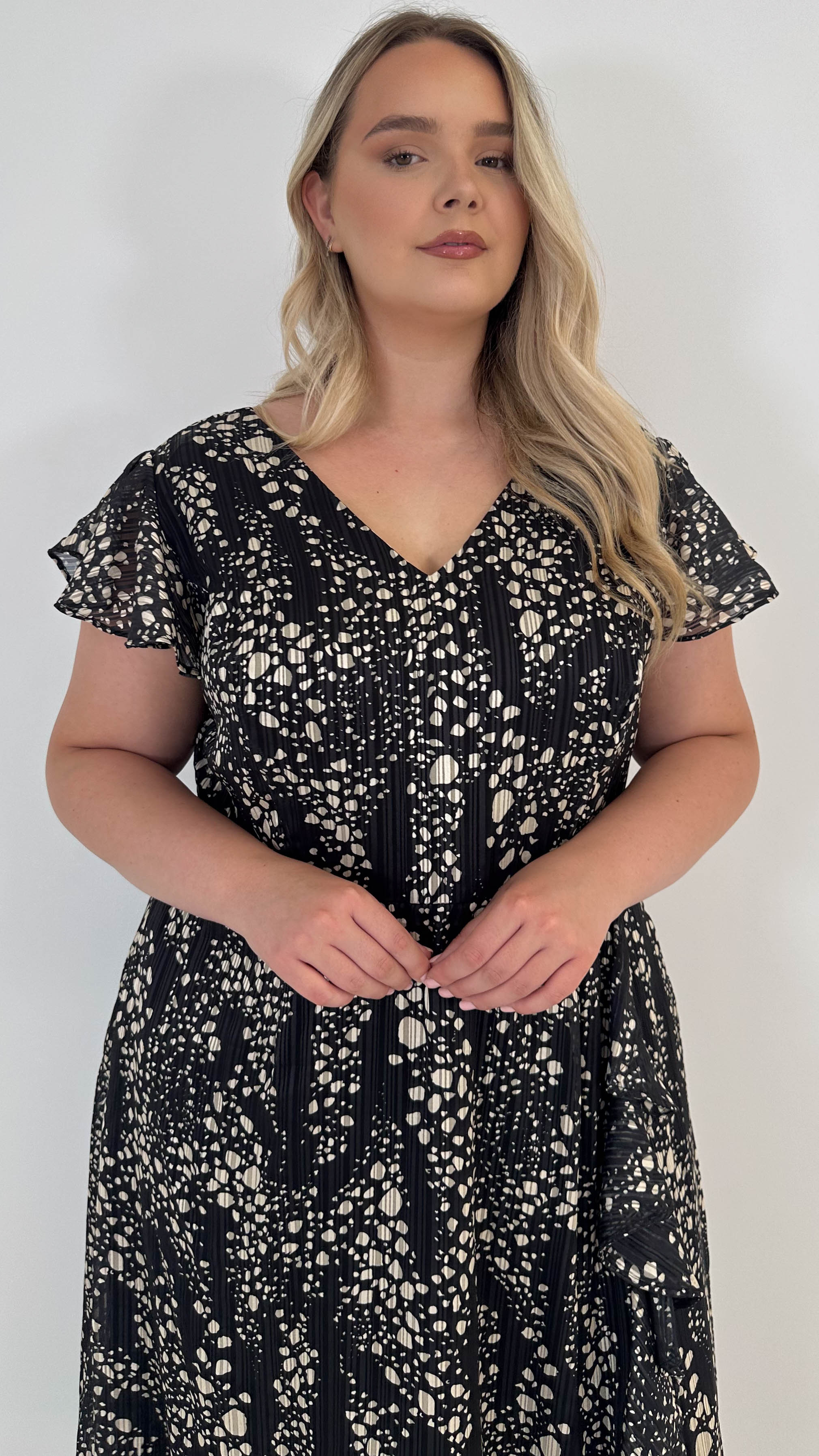 CurveWow Satin Stripe Printed Flutter Sleeve Midi Dress Black