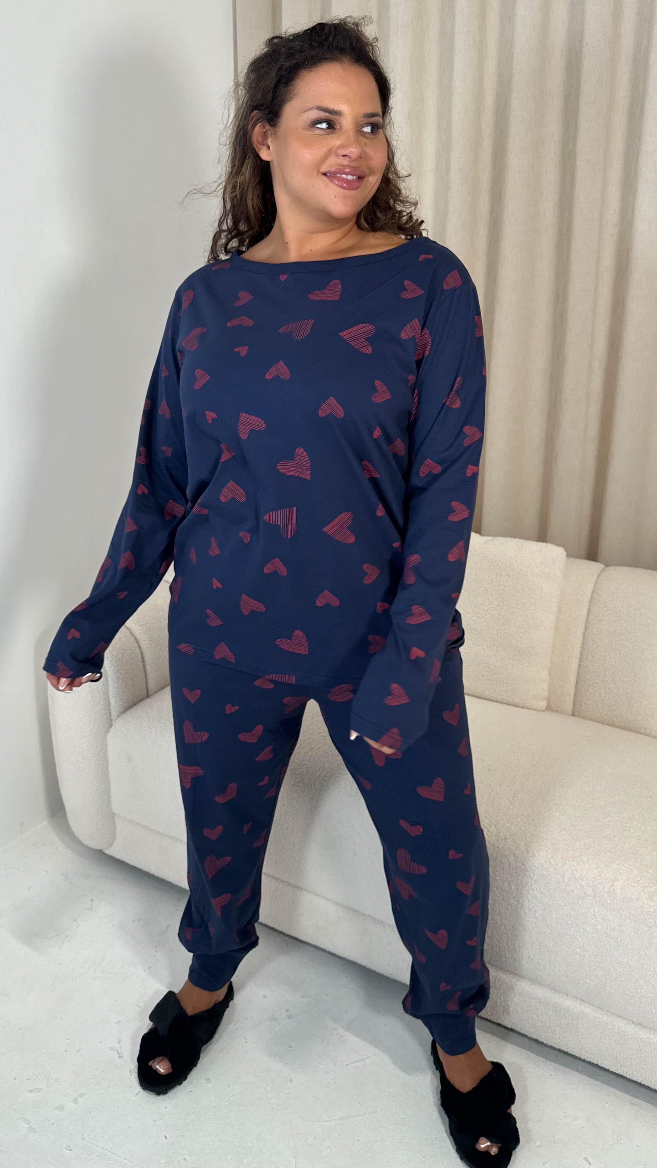 CurveWow Long Sleeve Pyjama Set Navy Heart