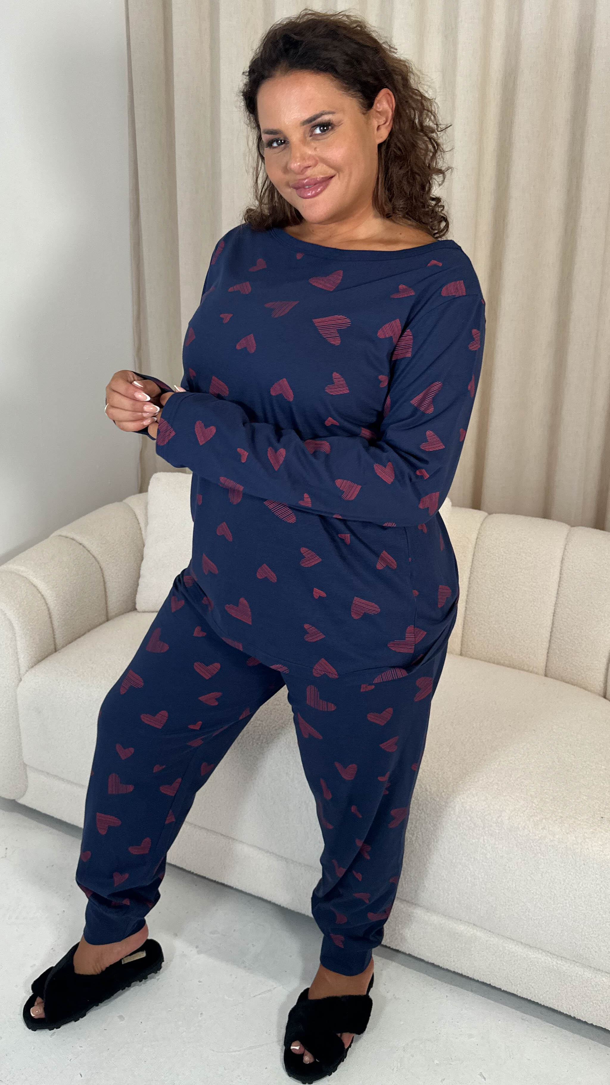 CurveWow Long Sleeve Pyjama Set Navy Heart