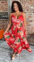 CurveWow Cherry Red Tropical Wrap Bust Maxi Dress