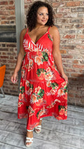 CurveWow Cherry Red Tropical Wrap Bust Maxi Dress