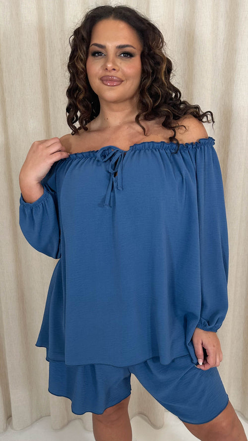 CurveWow Off The Shoulder Lantern Sleeve Tie Front Top Blue