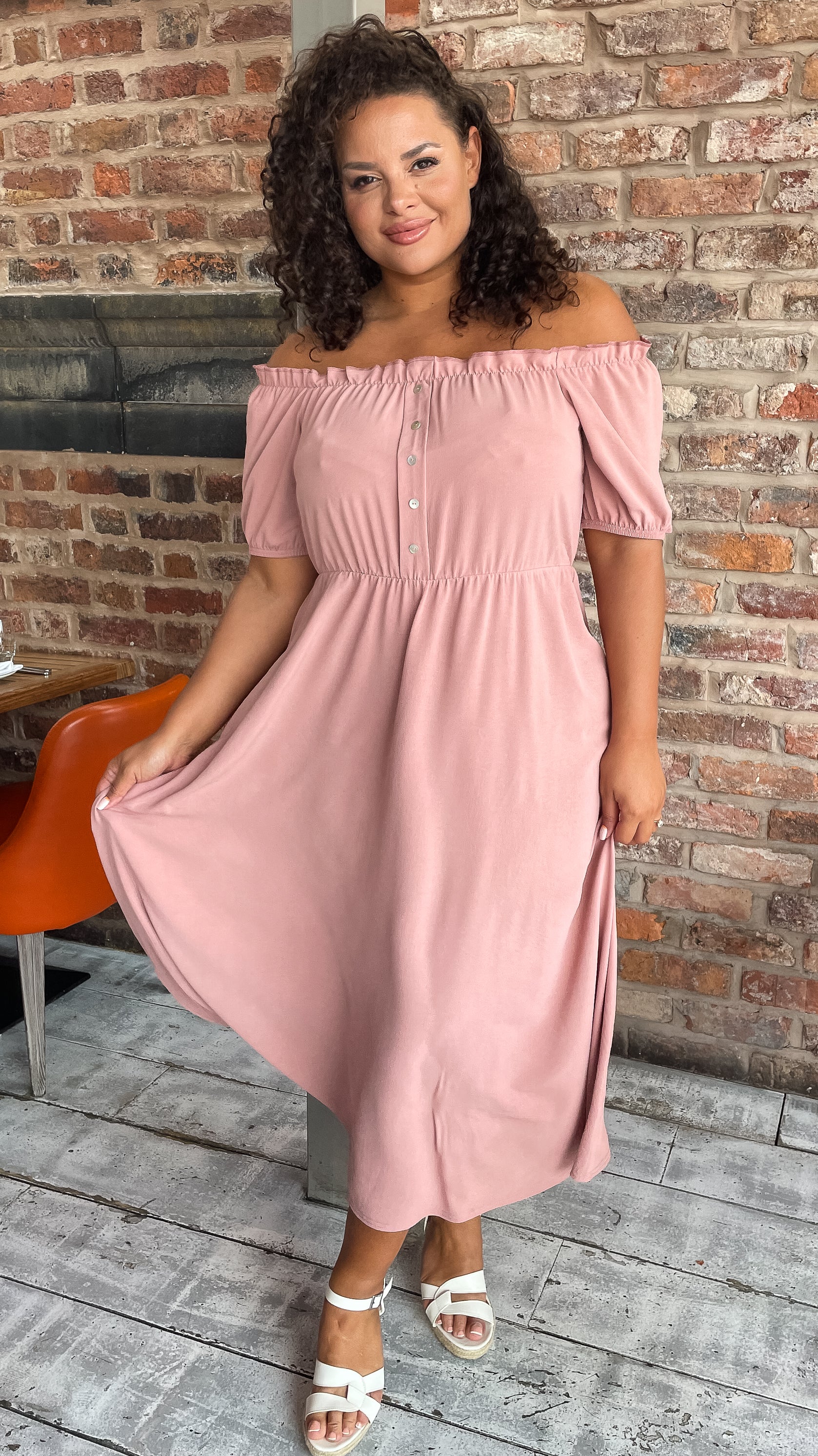 CurveWow Bardot Midi Dress Pink