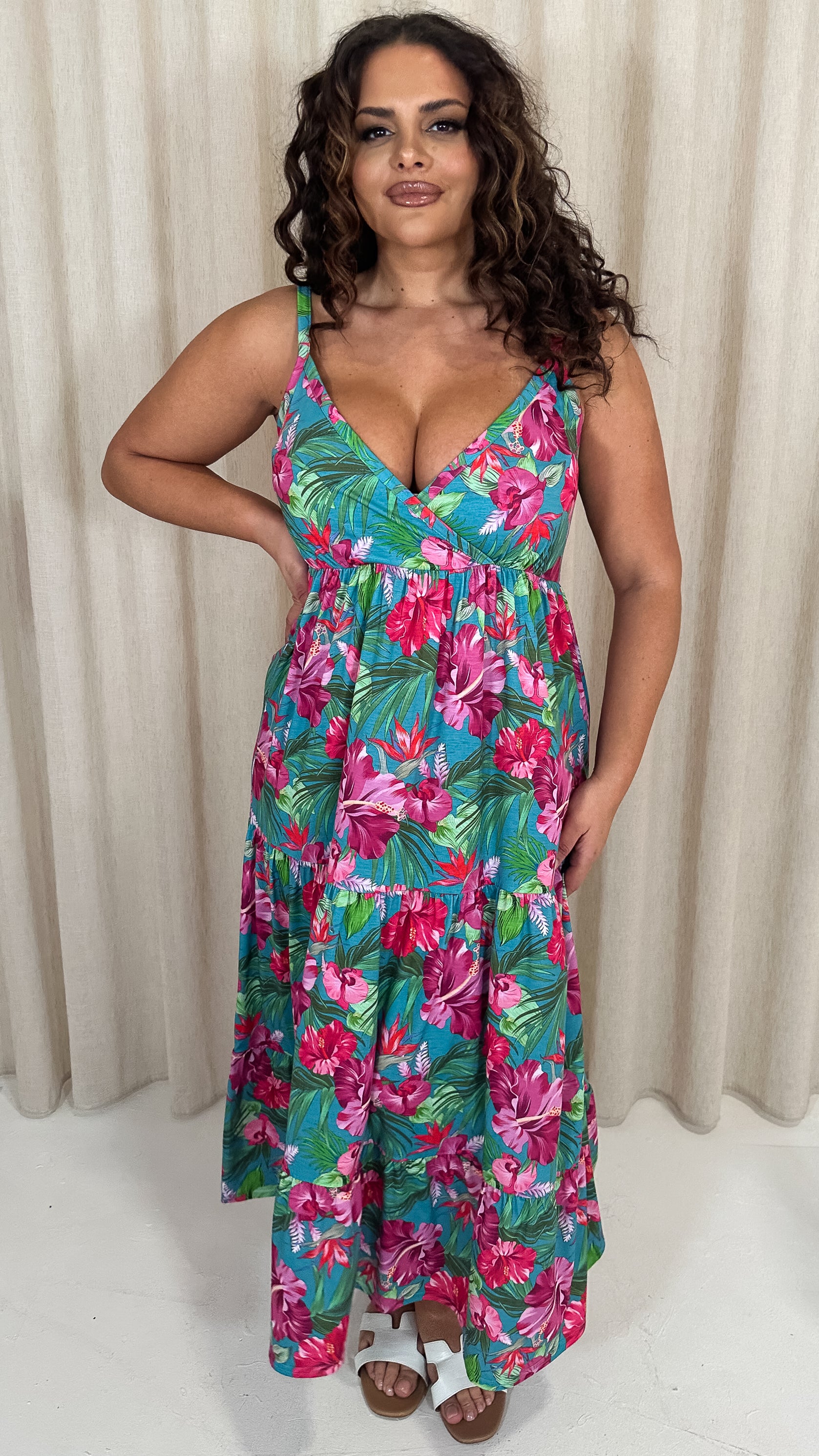 CurveWow Wrap Bust Maxi Dress Teal Tropical
