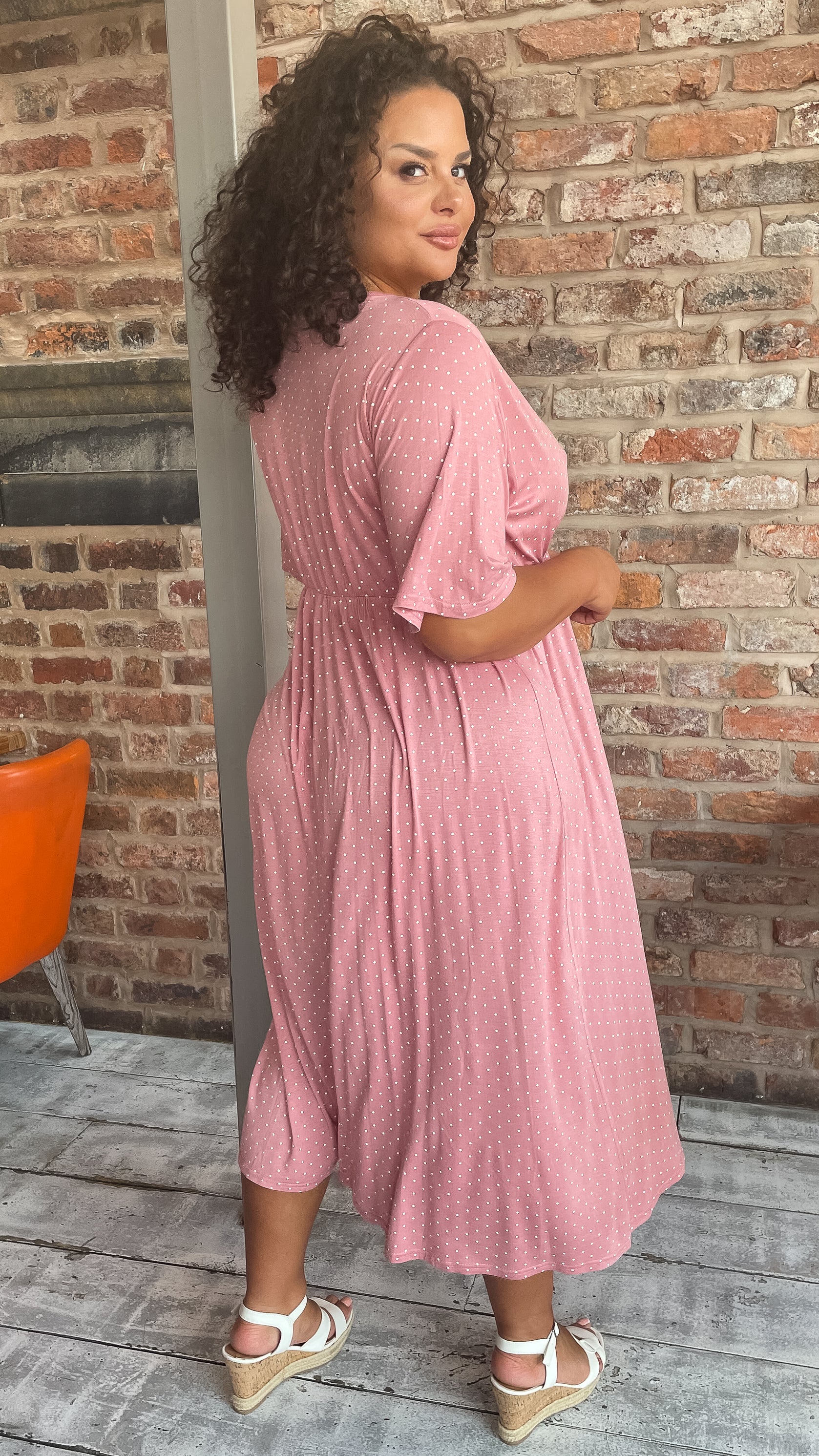 CurveWow Rose Pink Polka Dot Wrap Midi Dress