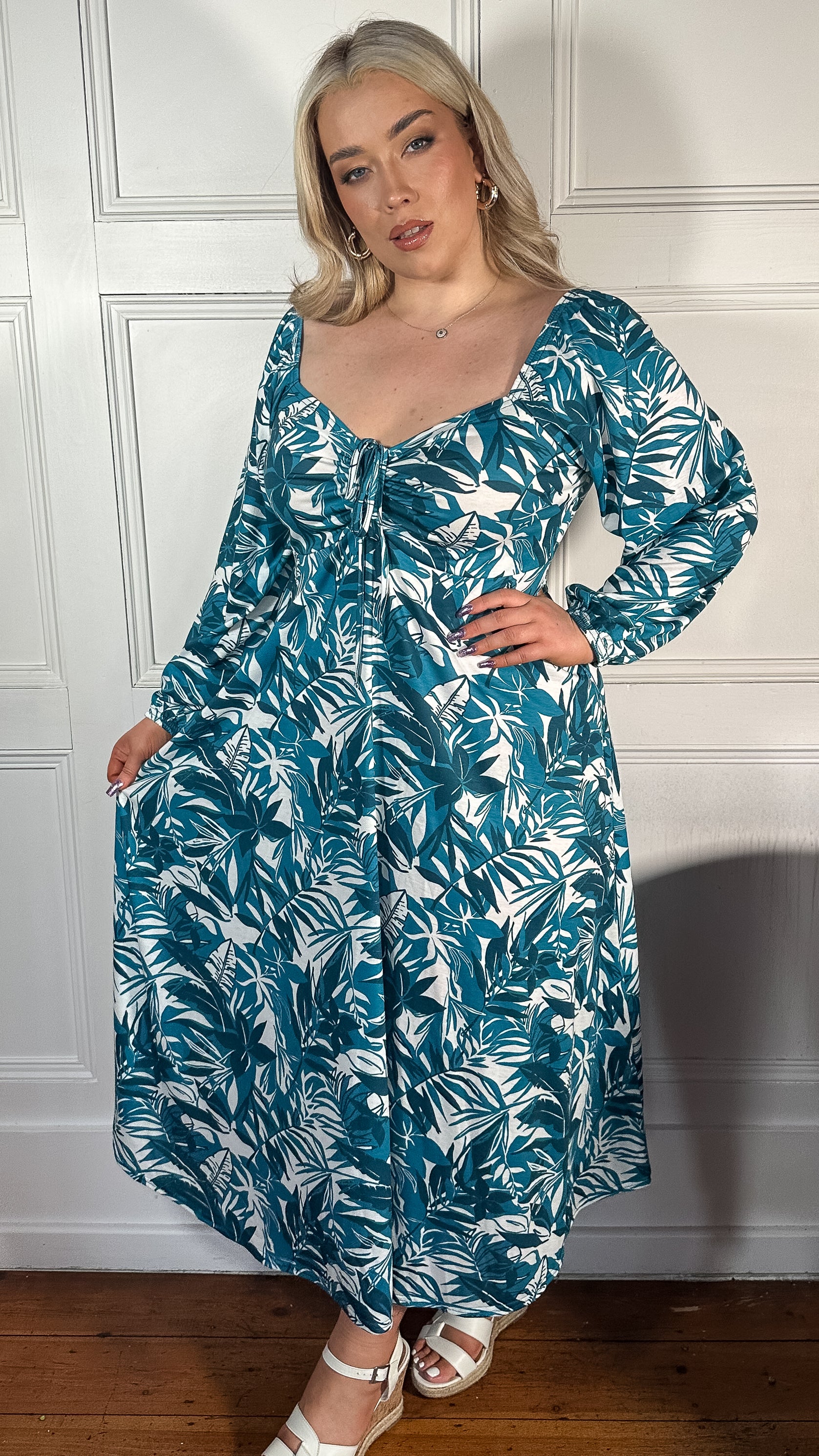 CurveWow Milkmaid Maxi Dress Teal Tropical1