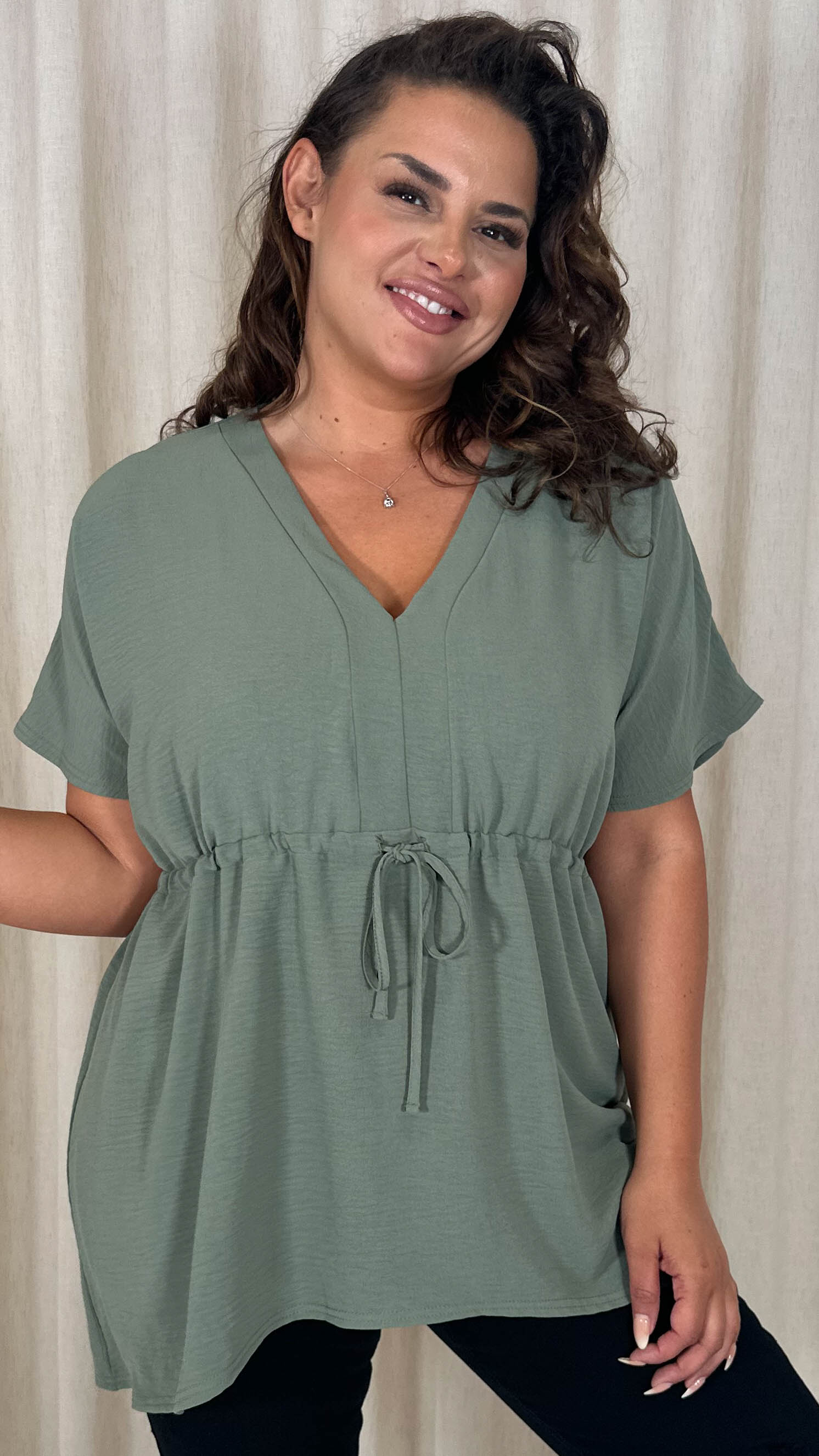 CurveWow Ocean Crepe Peplum Top Sage