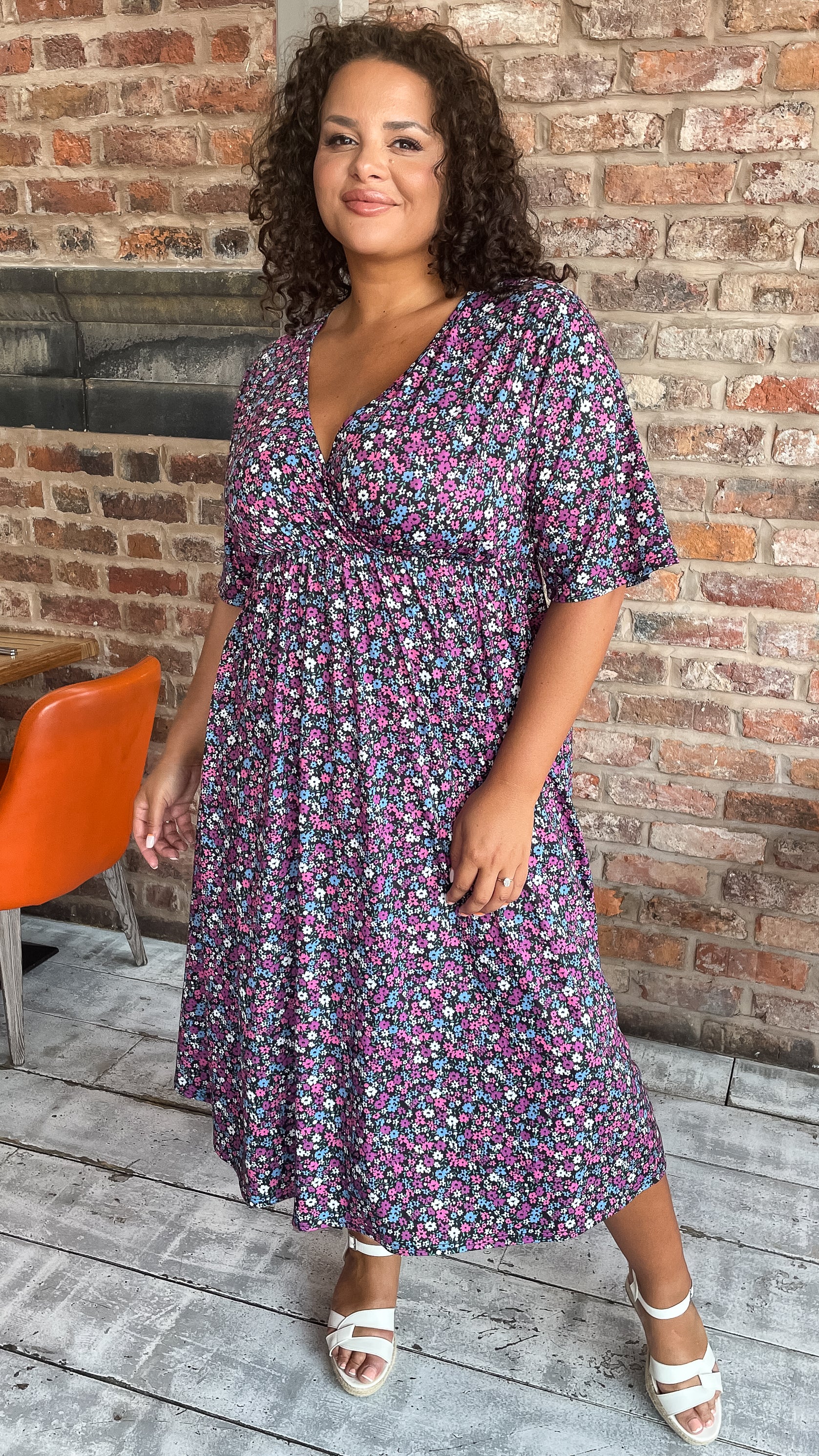 CurveWow Petite Wrap Midi Dress Black Multi Floral