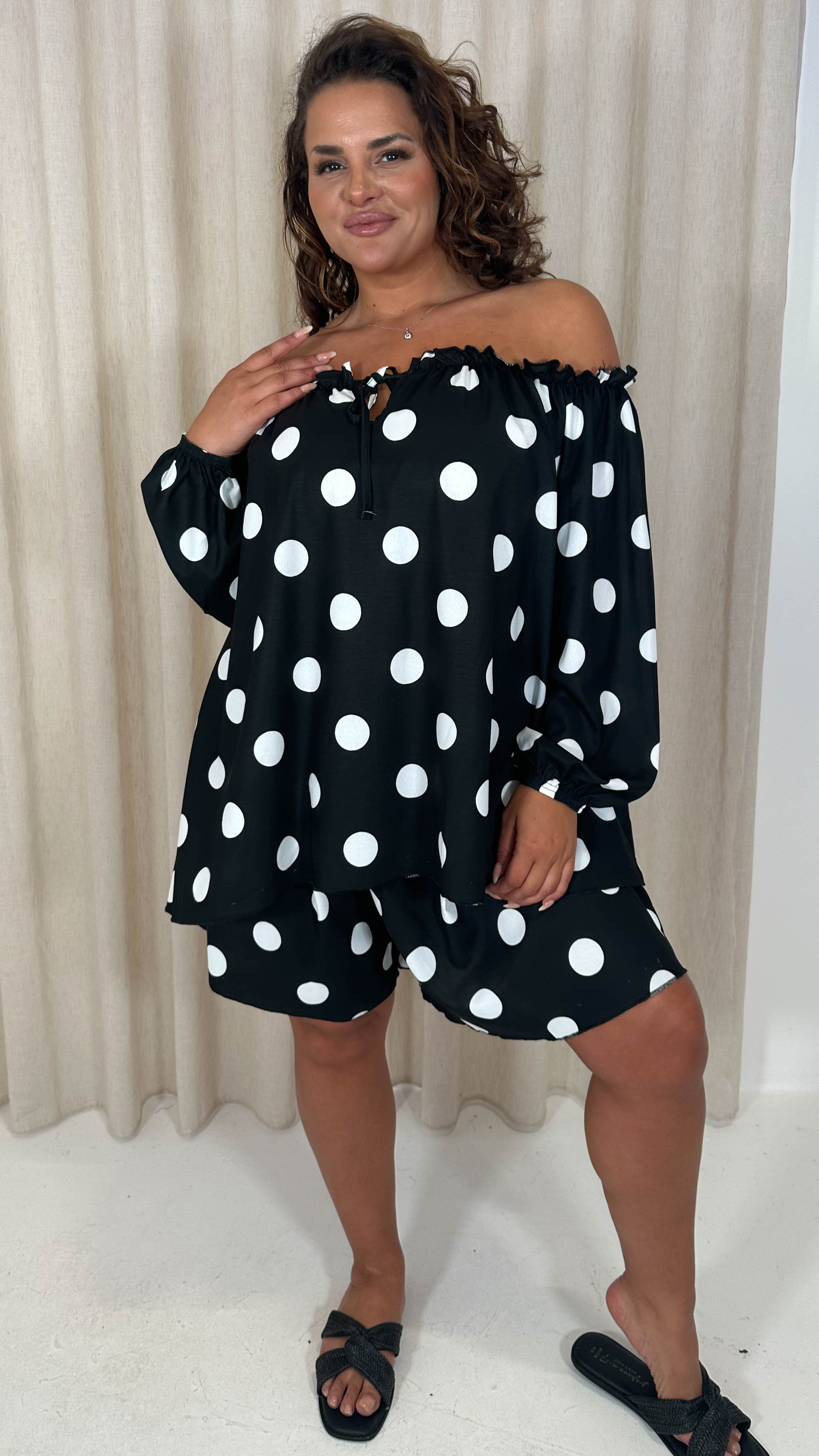 CurveWow Off The Shoulder Lantern Sleeve Tie Front Top Black Polka Dot