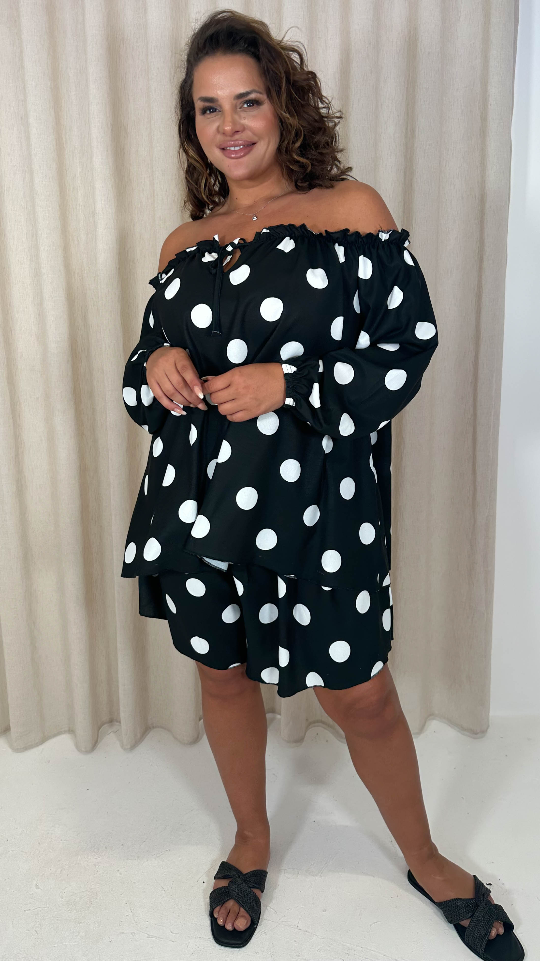 CurveWow Off The Shoulder Lantern Sleeve Tie Front Top Black Polka Dot