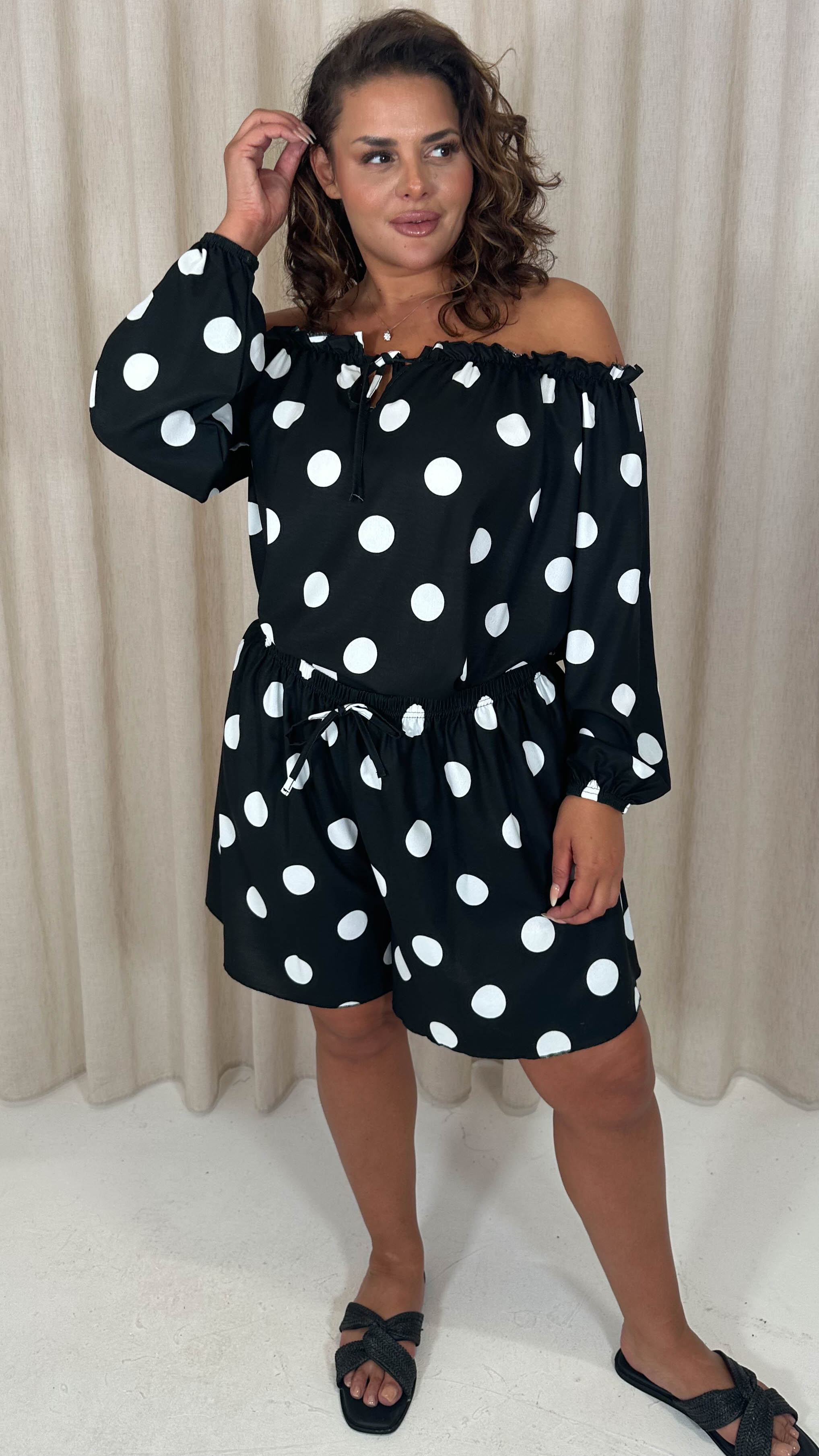 CurveWow Off The Shoulder Lantern Sleeve Tie Front Top Black Polka Dot
