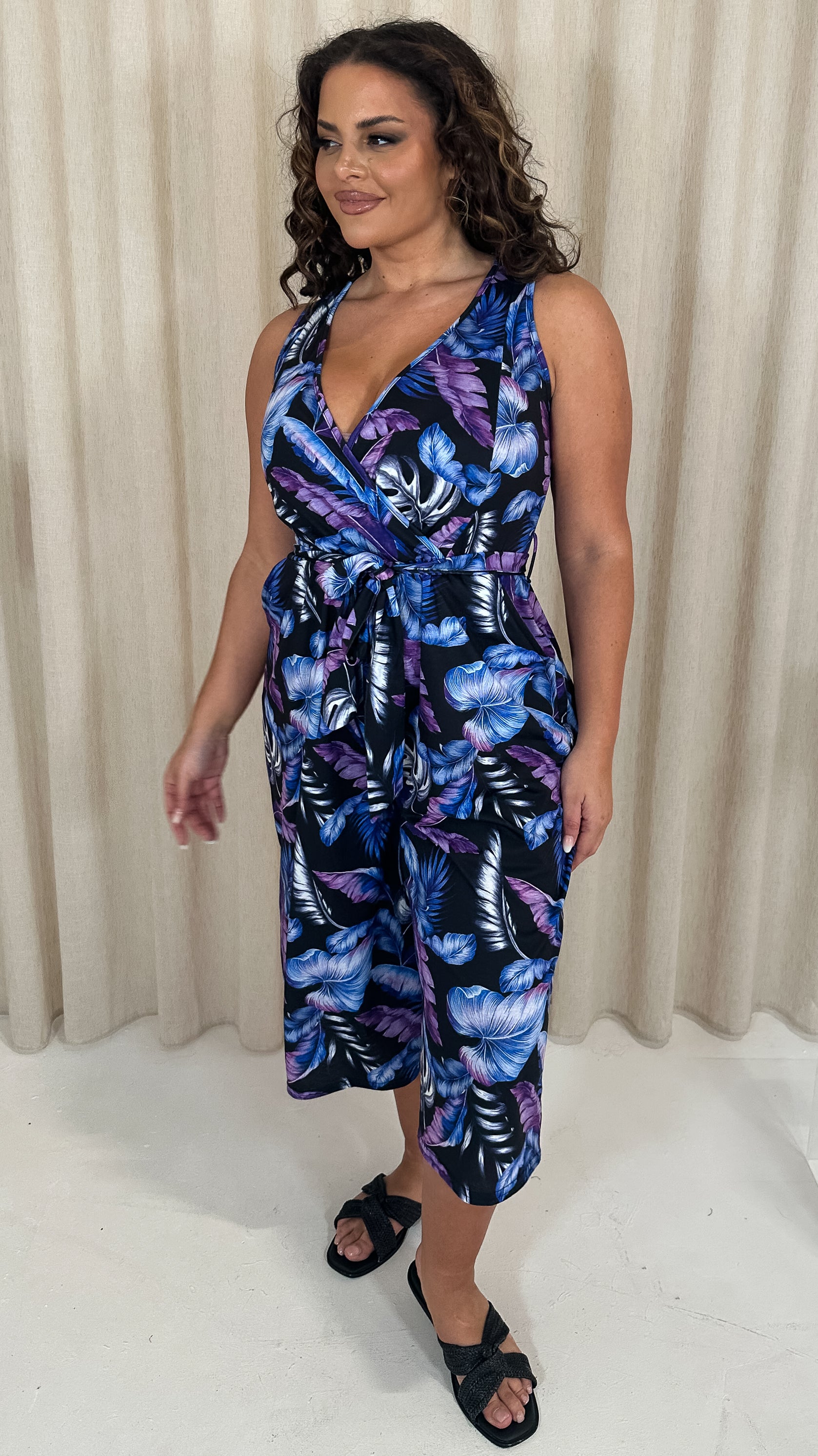 CurveWow Wrap Sleeveless Culotte Jumpsuit Black Tropical