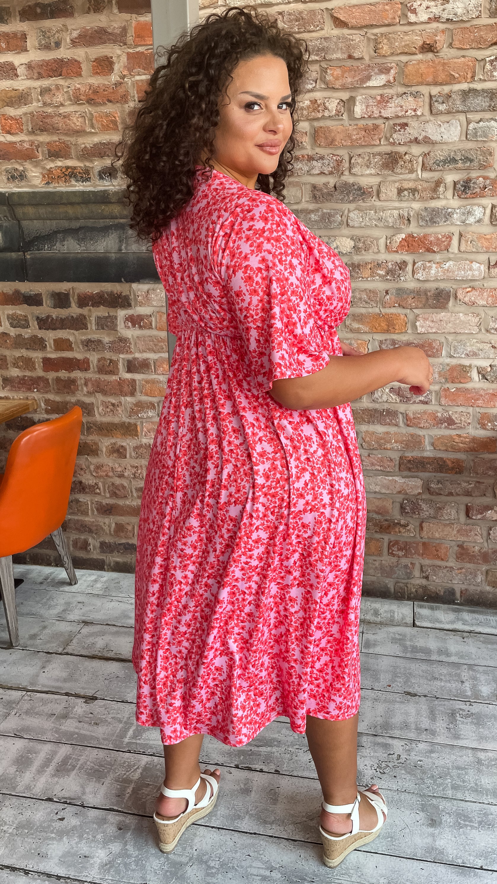 CurveWow Wrap Midi Dress Pink Ditsy Floral