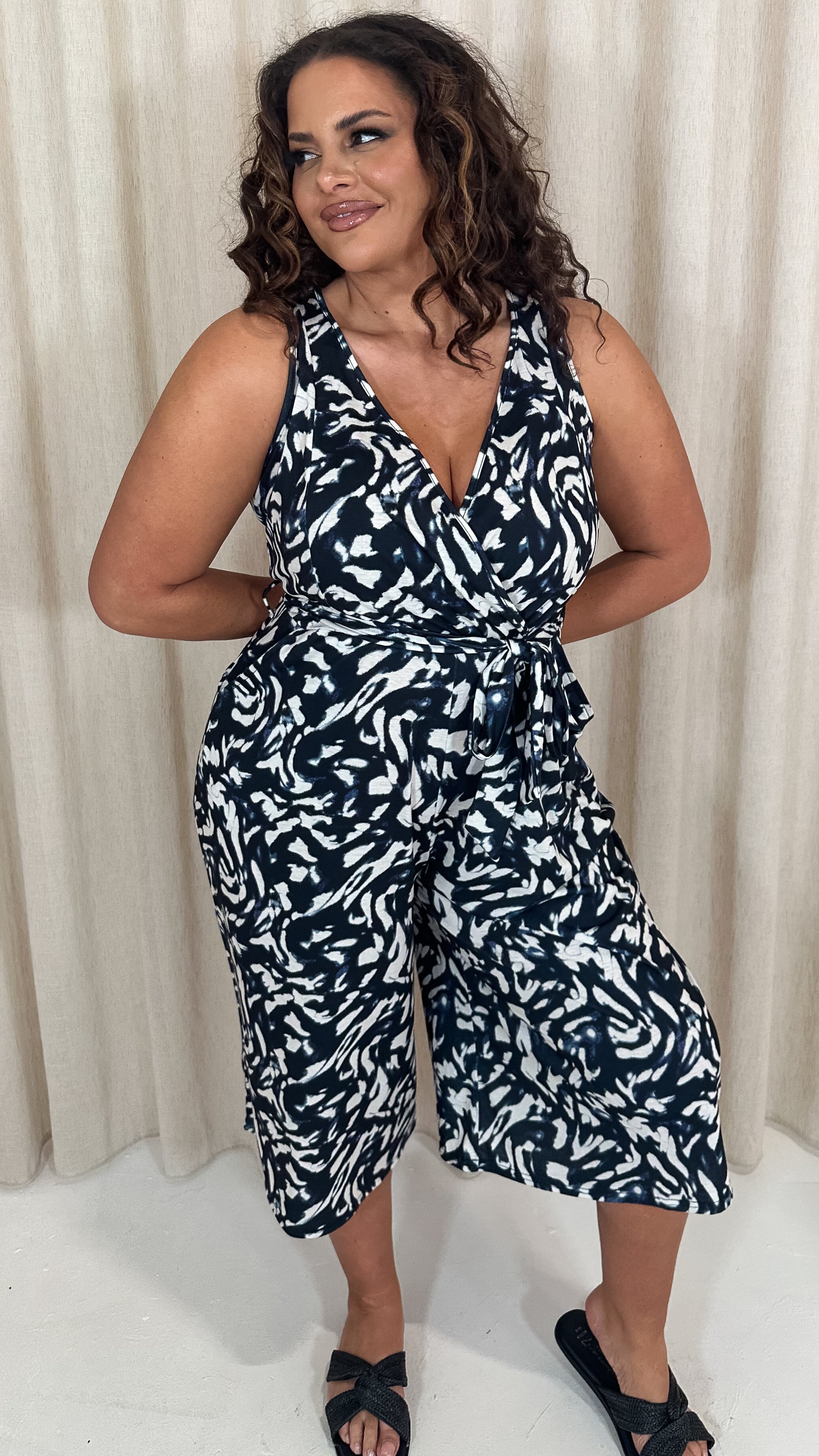 CurveWow Wrap Sleeveless Culotte Jumpsuit Black Smudge