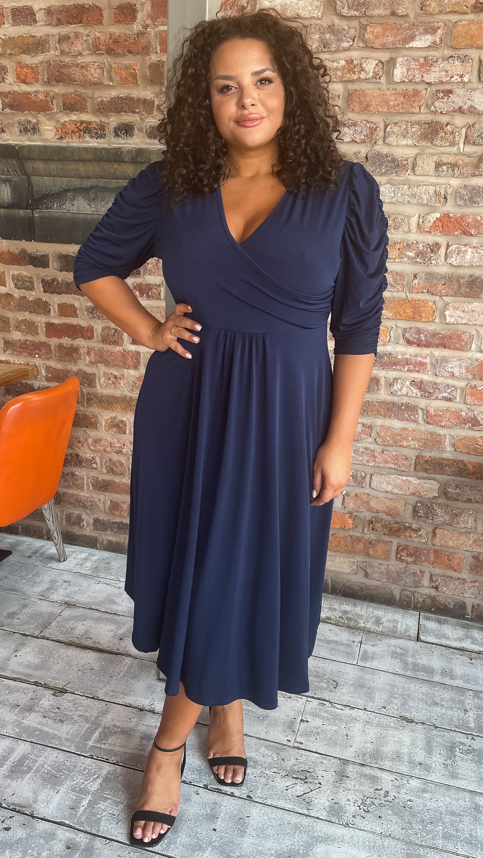 CurveWow 3/4 Balloon Sleeve Wrap Midi Dress Navy